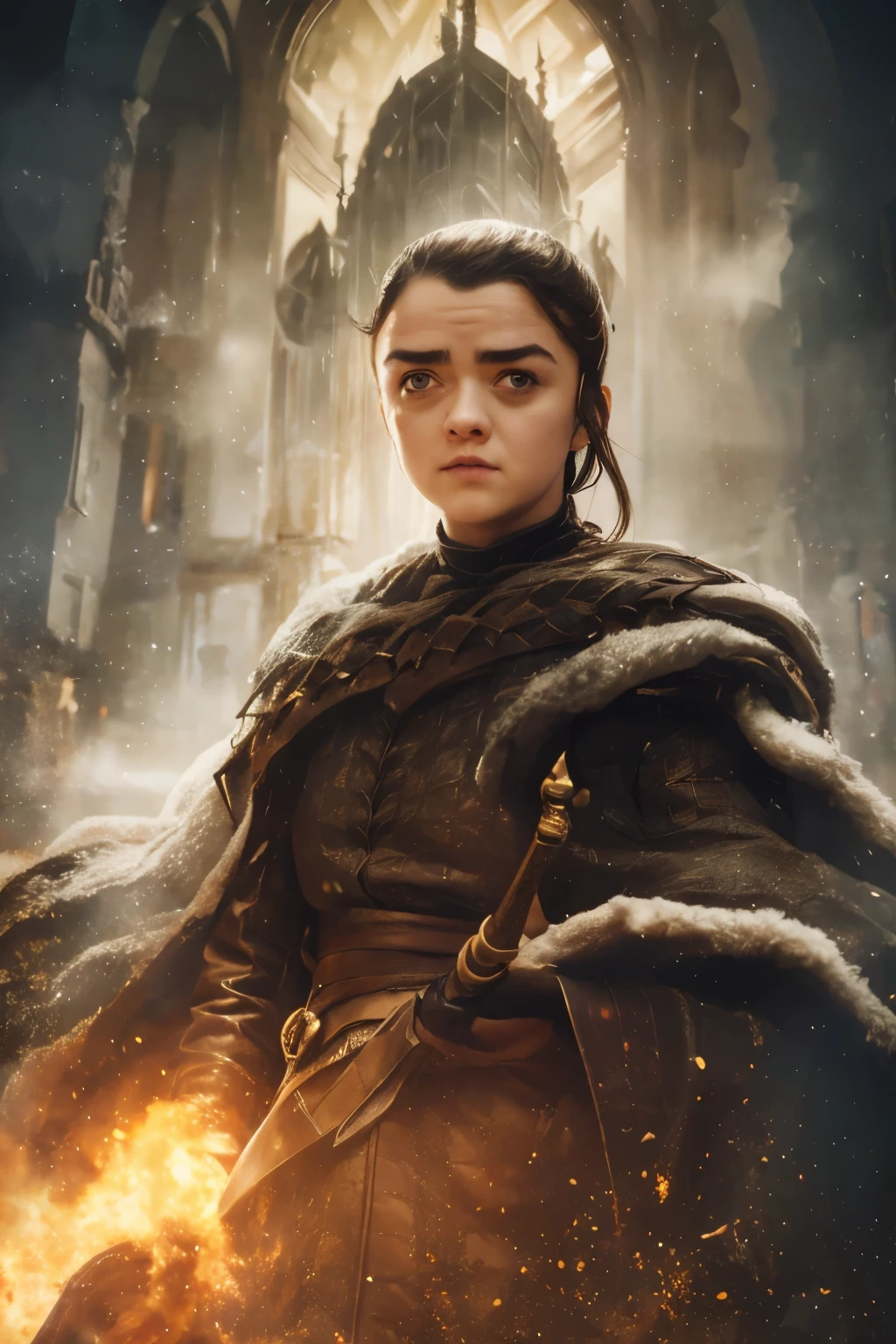 cinematic poster, Arte centrada, 1 girl, sozinho, ((sozinho)), (((only one character))),  Arya Stark in dynamic pose, Rosto de Maisie Williams, rosto de Arya Stark, fantasia de arya stark, Roupas de Arya Stark, A Guerra dos Tronos,,  A Guerra dos Tronos, Gothic colors, climate of tension and terror, Adobe Illustration, trending on ArtStation, 8k, disco Rigido , master part, arte linda, detalhes intrincados.