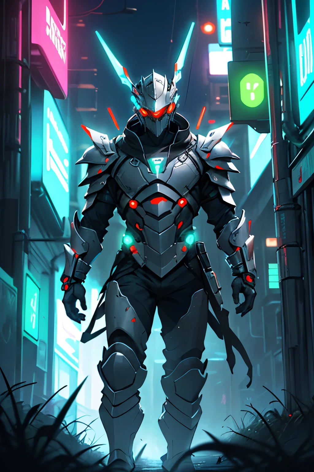 An amazingly scary warrior, (A high resolution,HighDynamicRange,Detailed medieval armor with neon lights and control arms, ((sci-fy, A futuristic))