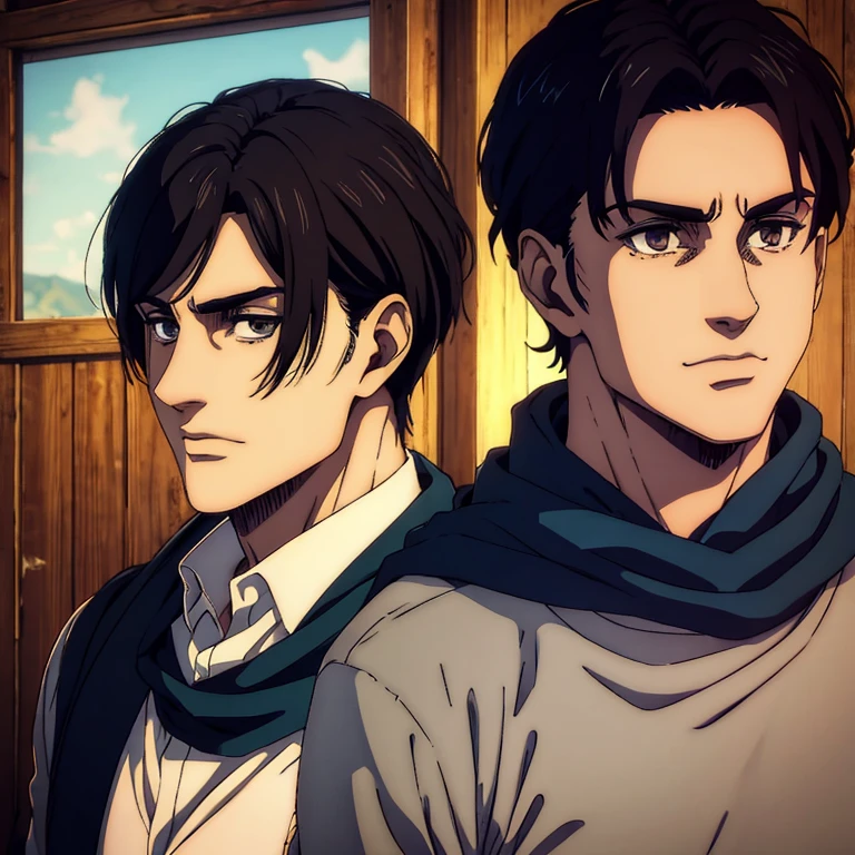 A male character with brown eyes and with black hair in the Mappa art style. He is depicted in a grey, showcasing a sharp jawline.He is also wearing blue shirt. He is also well built body. He is wearing dark blue scarf around neck. He is slightly smiling. Behind him a small cabin. The artwork should have the best quality, with ultra-detailed and realistic features. The color palette should be vivid, and the lighting should emphasize the character's facial structure and expression.