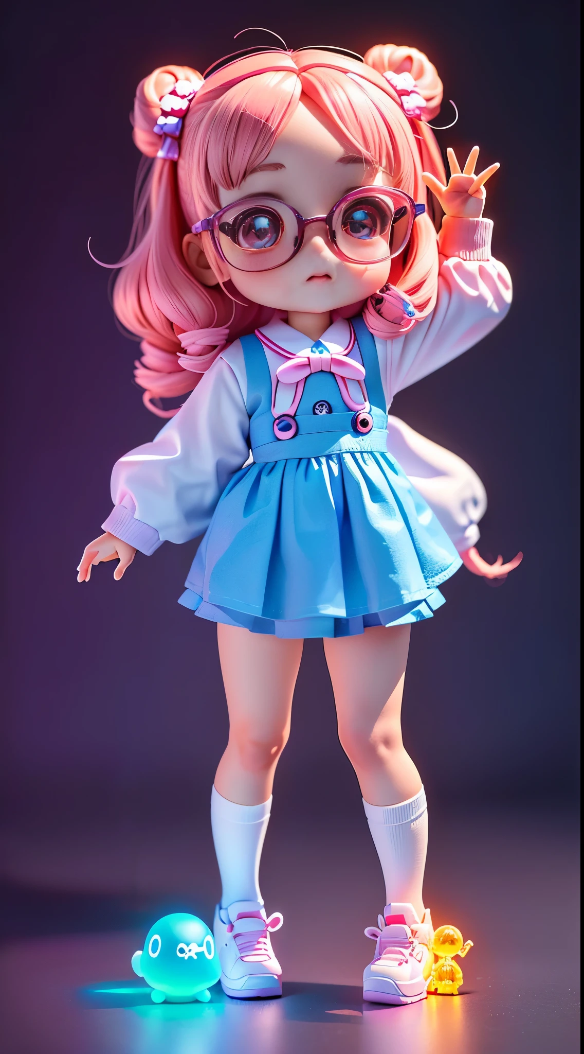 Boy glasses full body 3D picture, 1pc, good eyes looking, largeeyes, adolable, having fun, Pop Matt Blind Box, Glowing bubbles, toys, solid color backdrop, tchibi, Fluorescent transmission, luminous body, kawaii, dolls, (((pupils, 校服))), Pop Mart Blind Box, complexdetails, 3Drenderingof, fol body reference sheet, dribble, studio lighting, li, pee, childbi, SD character：1.1, magic lab background, c4d, reference sheet, Pixar, blender, OC renderer, high details, 8k