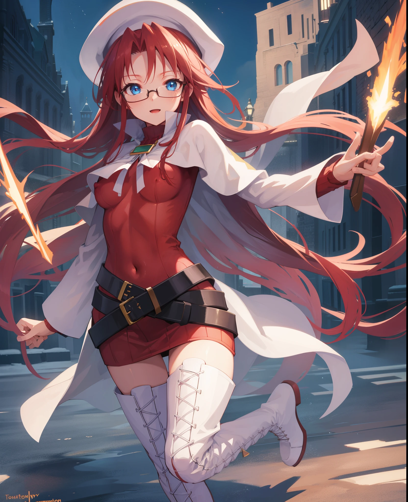 summonnightaty, aty, long hair, blue eyes, red hair, beret, hat, glasses,
BREAK long hair, thighhighs, hat, dress, boots, glasses, belt, cape, sweater, zettai ryouiki, beret, thigh boots, white footwear, ribbed sweater, loose belt,solo,
BREAK outdoors, fantasy_town,
BREAK (masterpiece:1.2), best quality, high resolution, unity 8k wallpaper, (illustration:0.8), (beautiful detailed eyes:1.6), extremely detailed face, perfect lighting, extremely detailed CG, (perfect hands, perfect anatomy),(covered_nipples:1.3),covered_navel,light_smile,dynamic_posing ,walking,(half_eyes:1.2),light_open_mouth,sword,armpit