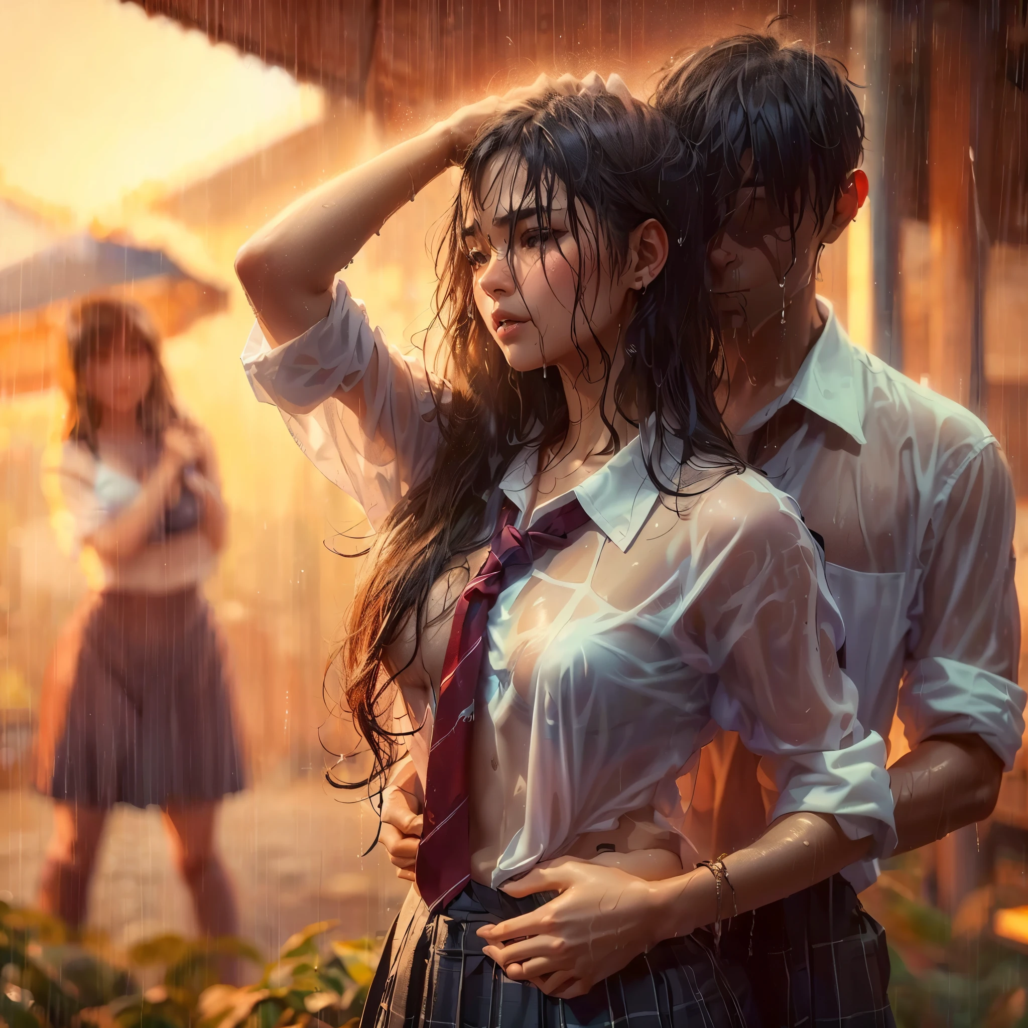 realistic art, there are (woman with large round breast wearing black luxury bra) and her (((handsome muscular short hair masculine alpha male boyfriend))) in a indonesian school uniform hugging in the rain, ((wet messy shirt show black bra under shirt)), wet skirt, pretty girl at school field, raining, thai girl, raining award winning photo, school girl, at evening, wet from rain, rainy wet, beautifull , hand behind head, masterpiece, best quality:1.2),,(8k,highres,RAW photo,realistic,photo-realistic:1.3),(detailed skin texture,detailed cloth texture,beautiful detailed face:1.25),professional lighting,photon mapping,beautiful soft light,radiosity,physically-based rendering,raytracing, model shoot style, model shoot style, (extremely detailed CG unity 8k wallpaper), full shot body photo of the most beautiful artwork in the world, ((nsfw)), (((black bra under wet shirt))), ((cannon camera)), ((professional photoshoot))