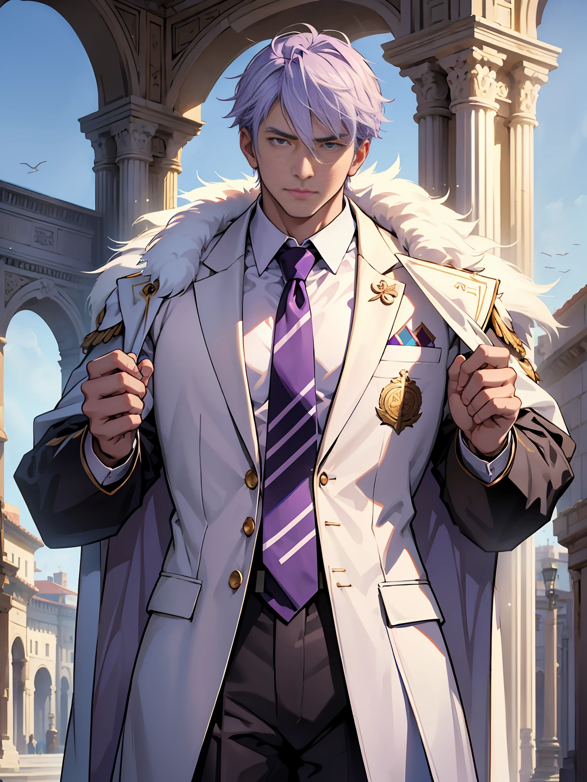 Roman Emperor Constantine the Great resurrected in modern times。34 years old。one adult male。Long body。broad shoulder。thick neck。eyes like a lion。Bright and sharp eyes。calm and strong。Sincere and kind。Kind and reliable。Deal with it sternly if necessary.。talented and hardworking businessman。successful gentleman。careerist。he is wearing a high quality white suit。dark purple tie。Light purple shirt。forceful。An overwhelming sense of control。Happiness in love。Bold composition。look up to。lyrical。Dramatic。heartful。Romantic。Travel situation。Exotic。Romanticism。Mysterious。opulent。elegan。elegance。Italy shining in the golden morning sun、Background of the Arch of Constantine the Great。repentance。Forgiveness。soothing。reconciliation。​masterpiece。top-quality。Super beautiful。The ultra -The high-definition。detaileds。exquisite。