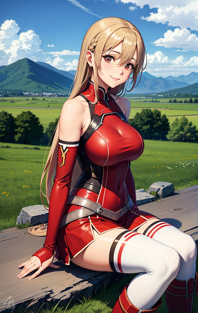 1girl, asuna_\(sao\), bangs, bare_shoulders, blue_sky, blush, boots, braid, breastplate, breasts, brown_eyes, closed_mouth, cloud, cloudy_sky, day, detached_sleeves, grass, hair_between_eyes, long_hair, looking_at_viewer, mountain, outdoors, rock, sitting, skirt, sky, smile, solo, thighhighs, very_long_hair, big boobs