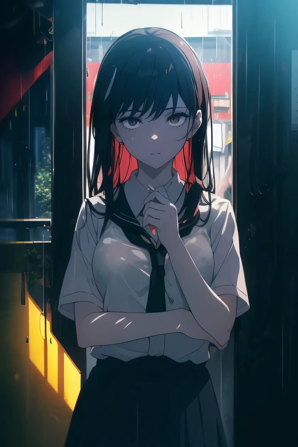 ((((Obra maestra, La mejor calidad, ultrahigh resolution)))), beautiful girl, full pose in an open field, ((wearing school uniform)), (long wet black hair hair in view, in frame), pale skin, (brown eyes), ((ultra detailed eyes:0.7, beautiful and detailed face, detailed eyes:0.9)), ((centered)), smile, ((wide shot)), facing viewer, (((vibrant background of outdoors, bus shelter background, heavy torrential downfall, heavy rain))), flat chested, looking at viewer, ((perfect hands)), ((head:1, hips, elbows, arms, in view)), ((hands behind back)), beautiful lighting, defined subject, (18 years old), ((sad looking)), ((rainbow glare)), ((drama anime, Minami, crying for the rain))