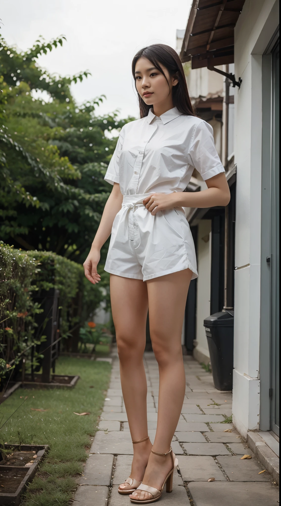 A beautiful vietnamese woman wearing white short, 22 years old, standing in the gadern. Full body