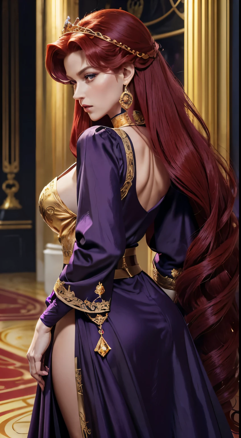 ((photoreal, 4K)), ((Ultradetailed)),Generate a ((realistic image of Queen Beryl)) from Sailor Moon. She is a tall woman with long, flowing ((crimson hair that cascades down her back)). Her eyes, a piercing shade of (red), exude an intense and commanding presence. ((Queen Beryl wears a regal, floor-length dark purple gown adorned with intricate golden embroidery)). The gown has a high collar and billowing sleeves that add to her imposing figure. (Around her waist, a golden belt cinches the gown, emphasizing her stature). Her expression is one of authority and determination, reflecting her role as the powerful antagonist in the Sailor Moon series