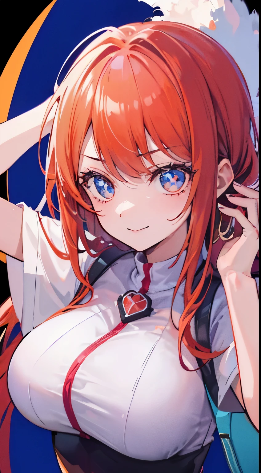 18 year old beautiful girl, blue big eyes, Petite and slender、slightly large breast, ((scarlet orange hair,)),(Loose fluffy short braided hair), in 8K, of the highest quality, (Highly detailed head: 1.0), (Very detailed face: 1.0), (very detail hair: 1.0),(traveler costume)、sexy tattoo, Detailed official artwork, anime moe art style, clean detailed anime art,cool smile