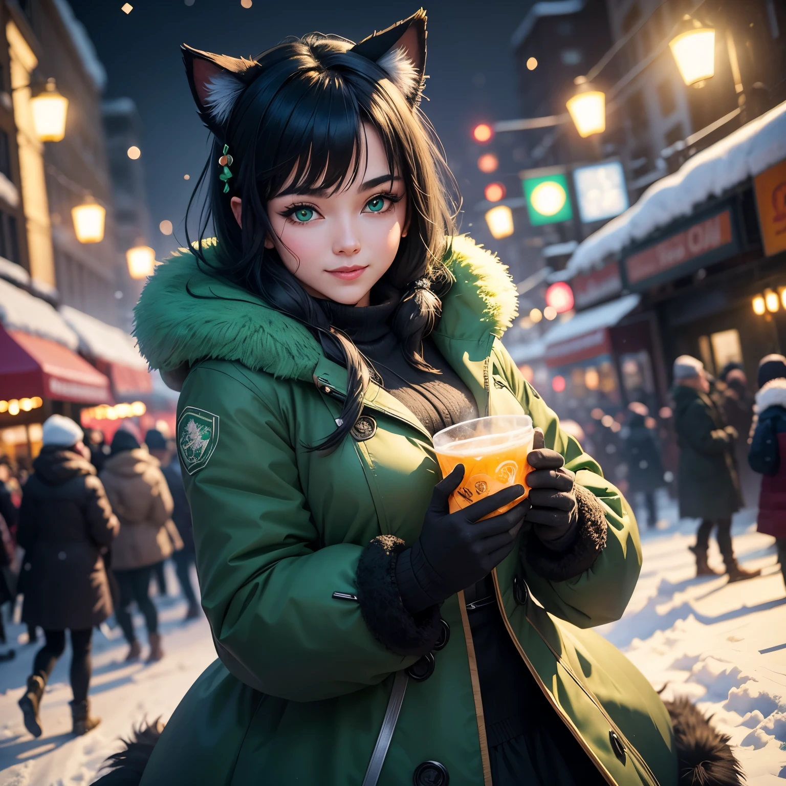 snow winter happy new year winter festival fair celebration beautiful happy woman, black hair, shining green eyes, blue and green colors, dynamic pose, magic lights, firerworks, robotic cat ears, wearing furry coat celebration and crowd in the city in the background heavy snow cyberpunk virtual word