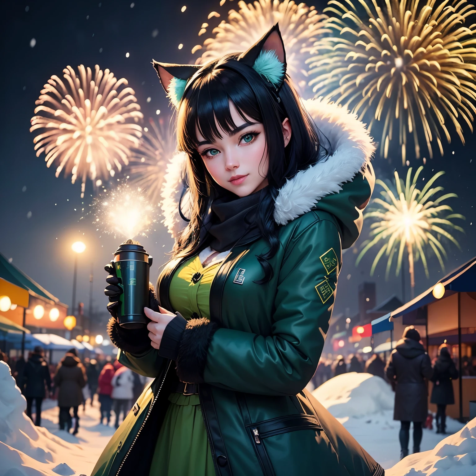 snow winter happy new year winter festival fair celebration beautiful happy woman, black hair, shining green eyes, blue and green colors, dynamic pose, magic lights, fireworks, robotic cat ears, wearing coat celebration IN the city in the background heavy snow cyberpunk virtual word