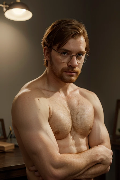 best quality,ultra-detailed,realistic,portrait,painterly,subtle colors,soft lighting, add more body hair at shoulders,arms,legs,masterpiece:1.2,studio lighting, Twenty something man, short ginger hair, wellington glasses, mysterious and elegant look