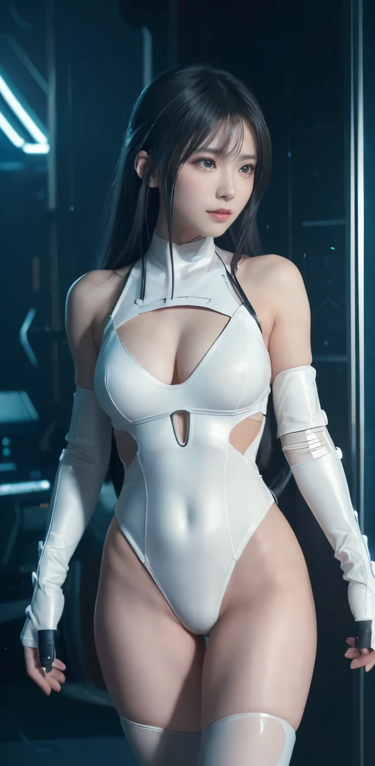 ​masterpiece、((white  leotard))、 ((plugsuit)), ((a beauty girl:1.2))、I don't have both arms.、Some mechs、Mechanized body、Mechanized chest and abdomen、Mechanized occipital、Mecha leg rack metallic suit that fits perfectly to the body、is standing、Tied up、金属机器人、((Cyberpunk background))、(Neon light)、(Background of the machine shop of the future)、Cyberdyne、Artificial bodies、All-metal body、Ironwork、Abdominal mechanism、((机器人アームとハンド))、((机器人の脚))、((Cervical part of the machine))、Inside the spaceship、a beauty girl、sixteen years old、Asian Beauty, (Actuator and cable exposed on abdomen.、首から下は金属製机器人の本体です、Complex 3d rendering beautiful porcelain profile super detailed female android face、cyborgs、机器人部品、150mm、beautiful studio soft light、Rim Lights、vibrant detail、luxuriouscyberpunk、Ren Hao、surrealistic、Anatomical、face muscles、cable electric wires、microchips、elegent、beatiful backgrounds、octan render、HR Giger Style、8K、top-quality、​masterpiece、illustratio、extremely delicate and beautiful、 extremely details CG、Unity、wall-、(realisitic、Photorealsitic:1.37)、astonishing、detaile、​masterpiece、best qualtiy、Official art、Highly detailed CG Unity 8k wallpaper、absurderes、信じられないほどabsurderes、、机器人、Silver Halmet、full body Esbian、is standing
