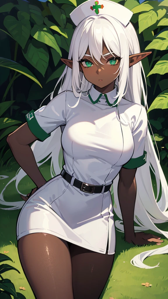 (((Elf Woman))),((Dark Skin)),((White Hair)),((Green Eyes)), ((sexy body)), ((Wearing a nurse costume))