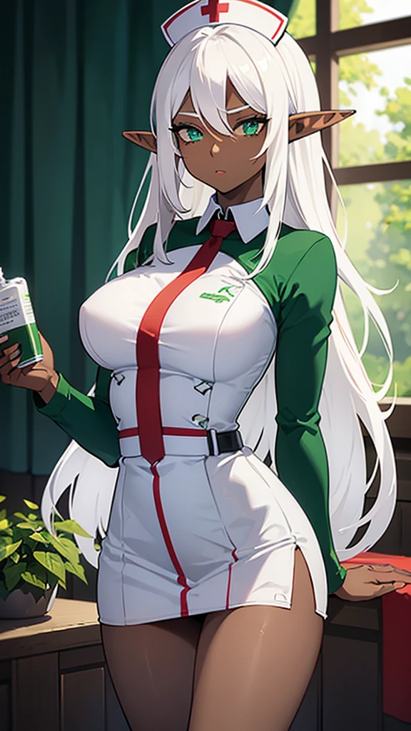 (((Elf Woman))),((Dark Skin)),((White Hair)),((Green Eyes)), ((sexy body)), ((Wearing a nurse costume))