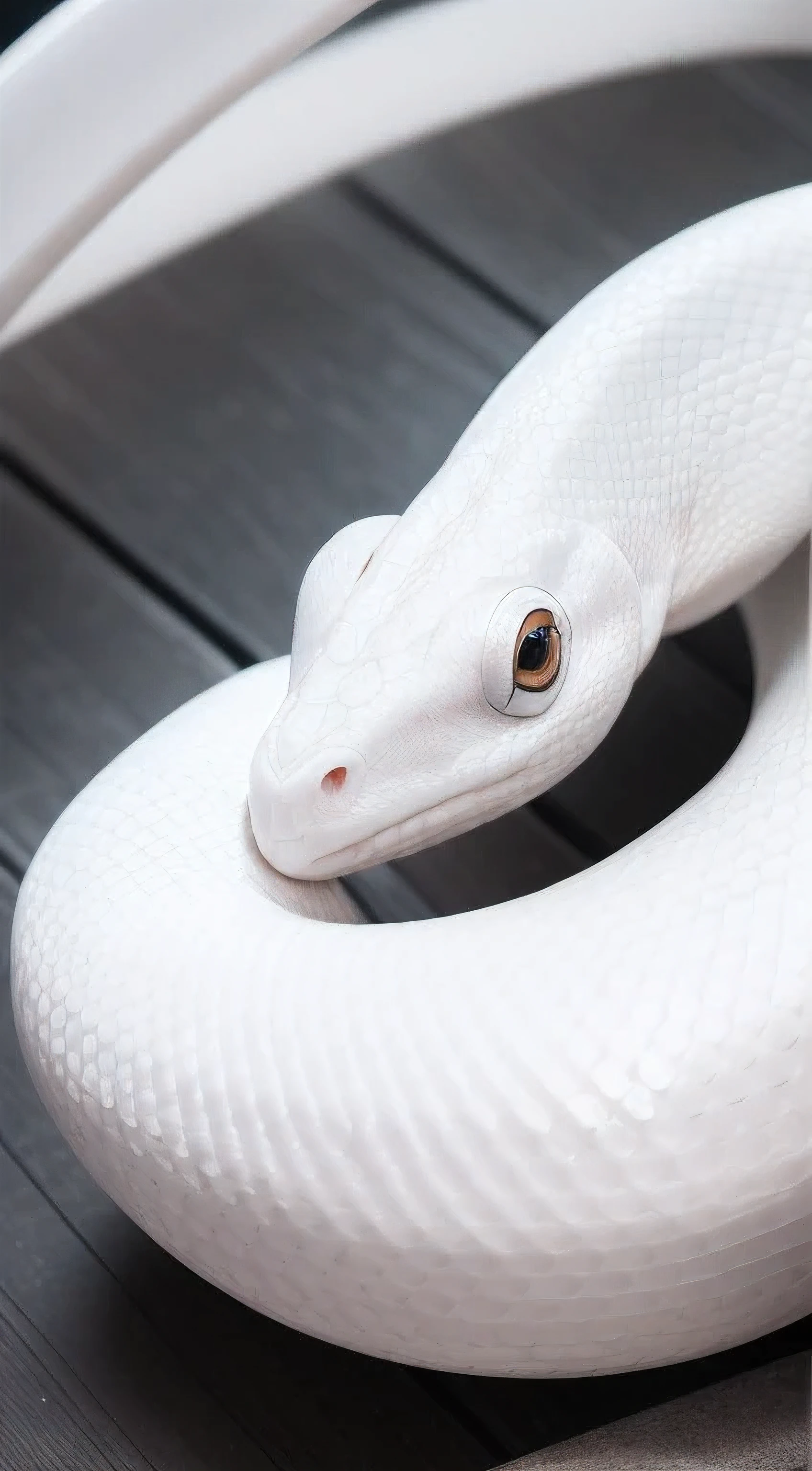 masutepiece, Best Quality, 8K, 4K, A White Snake, Black eyes, temple, Front view, Front face, head shot, One head, pure white snake,