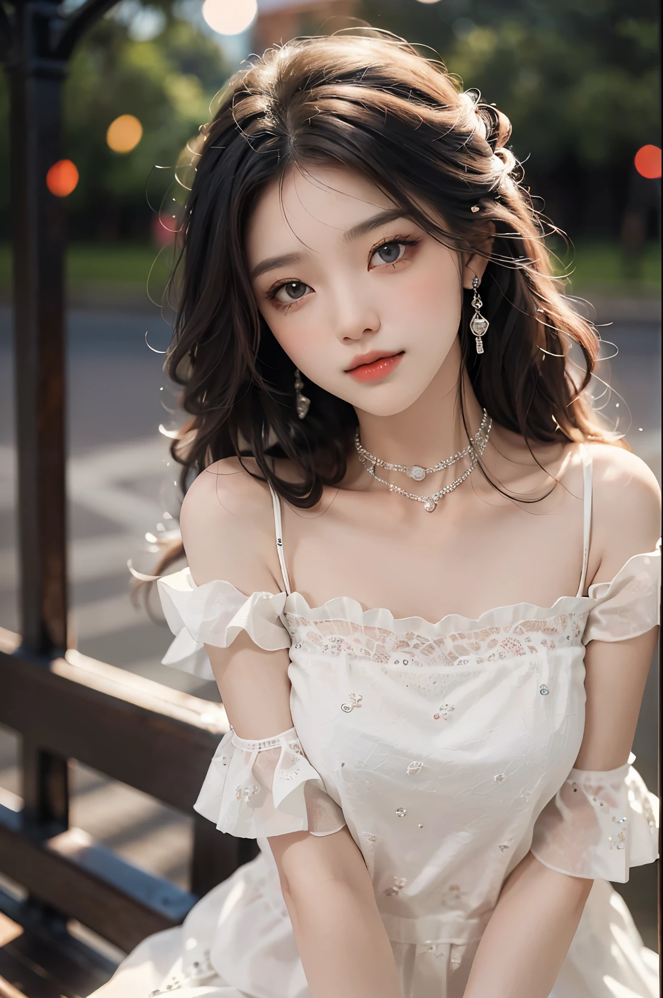 Sweet girly clothes 4,Off-the-shoulder dress,jewely, Redlip, a matural female, cosmetics, largeeyes, pretty eyes, ((Random shooting angle best quality, tmasterpiece:1.2), ultra - detailed, (actual:1.37), The beautiful, youthful, Charming model with (詳細な目, 詳細な唇, extremely 詳細な目), white and floral, show a bright smile, Create stunning girl images, a warm color palette, Extremely high color saturation, offcial art, extremely detaild的 CG unified 8k wallpapers,(HighDynamicRange :1.4), (Cinematic),(pastelcolor, dull colors, Soothing tone :1.3), (Natural skin texture, ultra-actual, softlighting, Sharp),(The is very detailed), the night, rays of moonlight, In an antique pavilion, Sitting on the bench against the guardrail