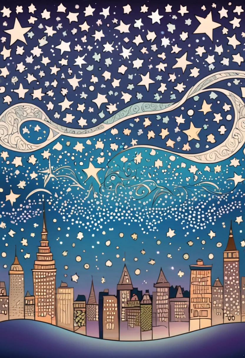 The stars write a text in the sky . City Night View in a zentangle style.