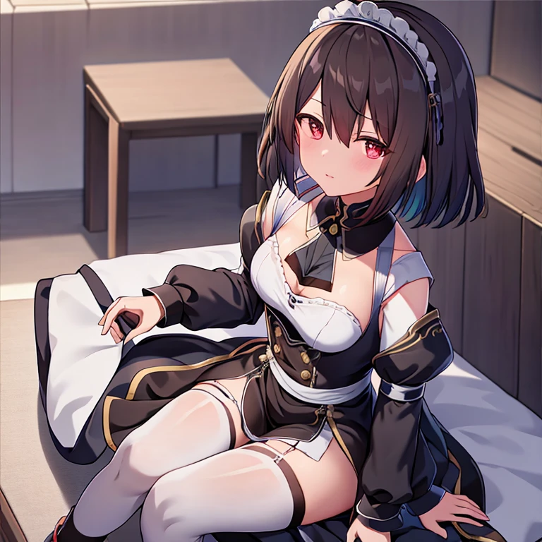 Masterpiece, best quality, high resolution, ultra-detailed, (Takao, kancolle), black hair, red eyes, short hair, large breasts, long sleeves, hat, black gloves, miniskirt, blue skirt, military uniform, beret, (((garter stocking, black pantie aside))), blue jacket, blue headwear, ahegao:1.5, ((((spread legs, lying, imminent vaginal, vaginal , sex:1.5, missionary, face to face, pov, cum in pussy)))), (nsfw:1.5), ((blush, closed eyes, open mouth))