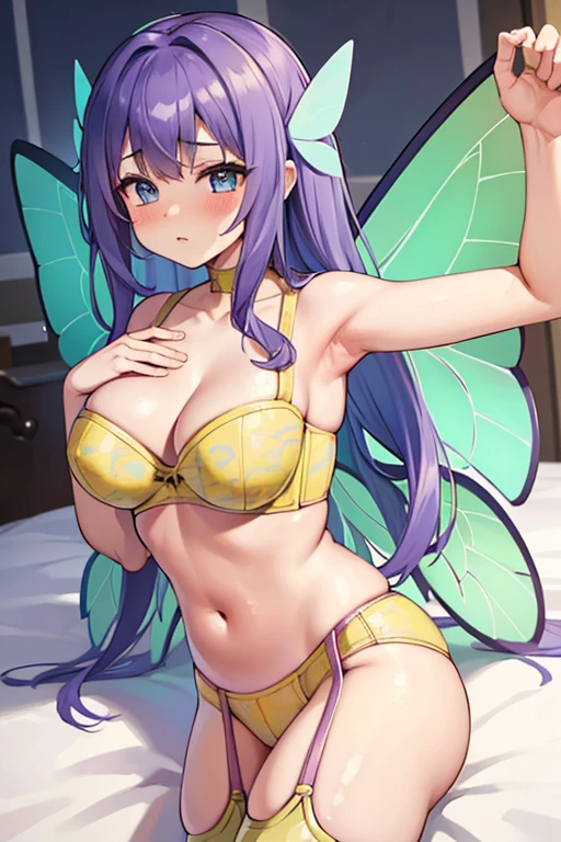 ((Best Quality)), ((Masterpiece)), (detailed), purple hair, blue eyes, hair ornament, ((butterfly wings)), ((yellow bra))), (((yellow underwear))), (((yellow pattern lingerie))), sexy, large breast, bed