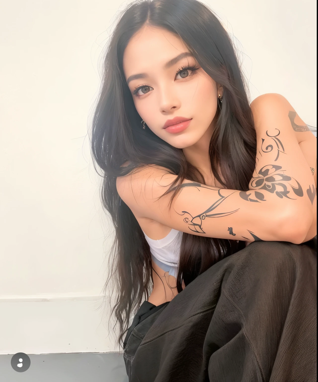 Arafa woman with tattoo on her arm sitting on the floor, com tatuagens, Tatuado, imagem de perfil, foto de perfil, Coberto, Megan, Jennie do Blackpink, taken in the early 2020s,  tattoo on your right arm, mean smirk