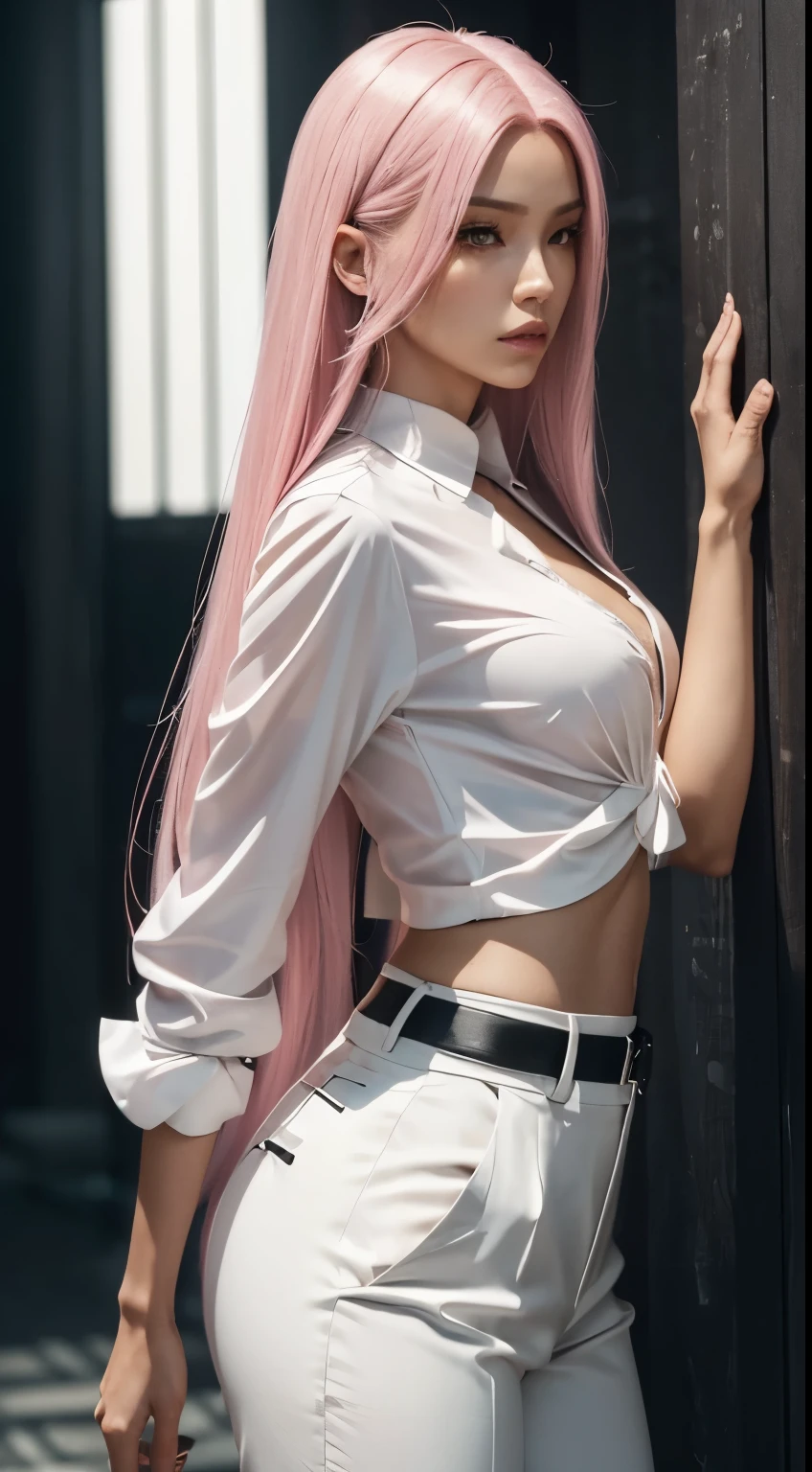 ((photoreal, 4K)), ((Ultradetailed)), Generate ((Makima)) as a slender yet ((commanding figure)) with long, straight ((pink hair)) cascading down her back. Her striking feature is her piercing gaze—sharp, dark eyes, fair skin that exude an air of calm and authority. Makima typically wears a ((stylish)) and formal attire, often seen donning a ((white blouse paired with a black trousers)), projecting a professional and composed demeanor. Despite her seemingly gentle appearance, there's an enigmatic and slightly unsettling aura about her, hinting at a hidden depth and power that adds to her mysterious allure in the series