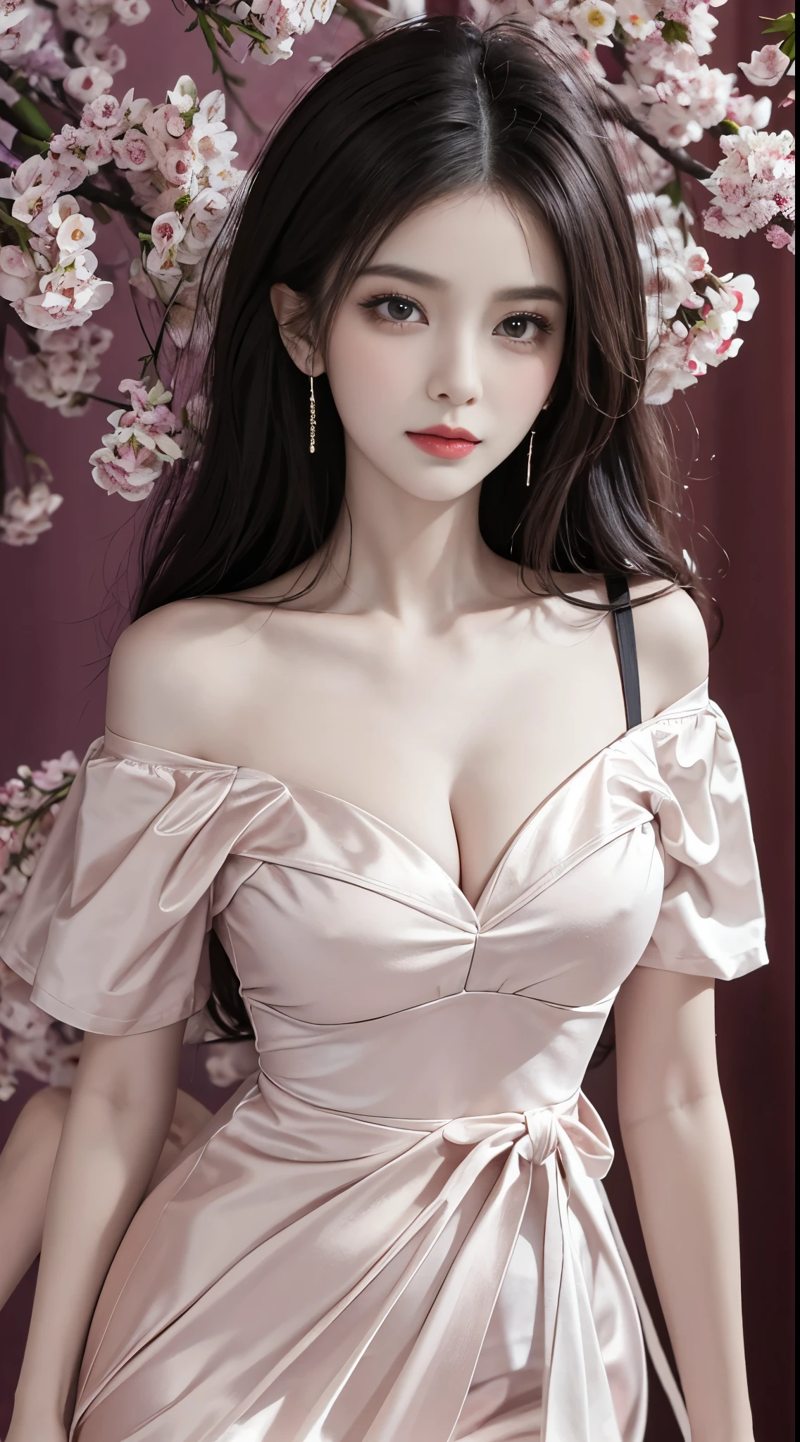 short sleeves,off shoulder, dress, ((cowboy shot)),red lips, mature female, makeup,（tmasterpiece、best qualtiy、A high resolution），white backgrounid，Acrylic paints，（（splash of color，Splash ink、Color splattering）），Water，water bloom，Sweet Chinese girl，light blues长发，[light blues|Pink big breasts]the hair，curlies，glitters，Pink lips，frontage