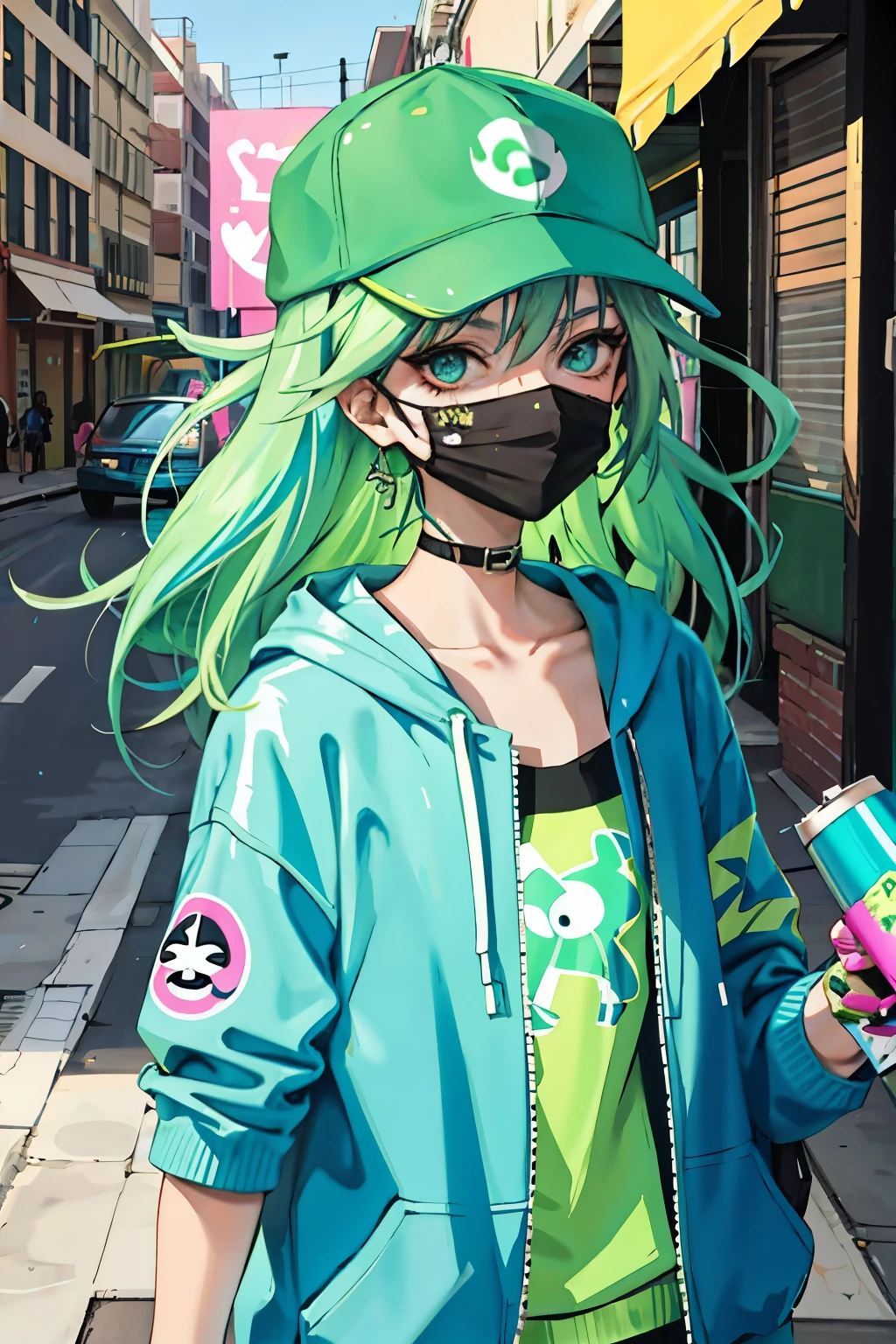 anime slim girl with a cap and a mask, thin face, holding a spray can, green messy hair, street background in neon pink and blue colors, stickers, smirk face, harley vibe, bad girl