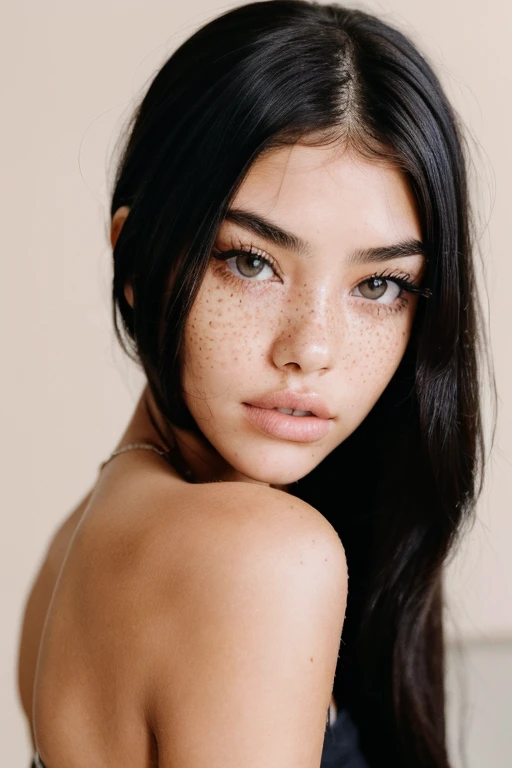 A realistic only face portrait of a woman like 18 year old Madison Beer seeing straight at the camera like a passport photo, with black hair, freckles on cheeks, brown eyes, big lips. The setting is a bright, minimalist studio with soft natural lighting. A high-resolution DSLR camera with a soft focus lens to enhance the intimate feel,