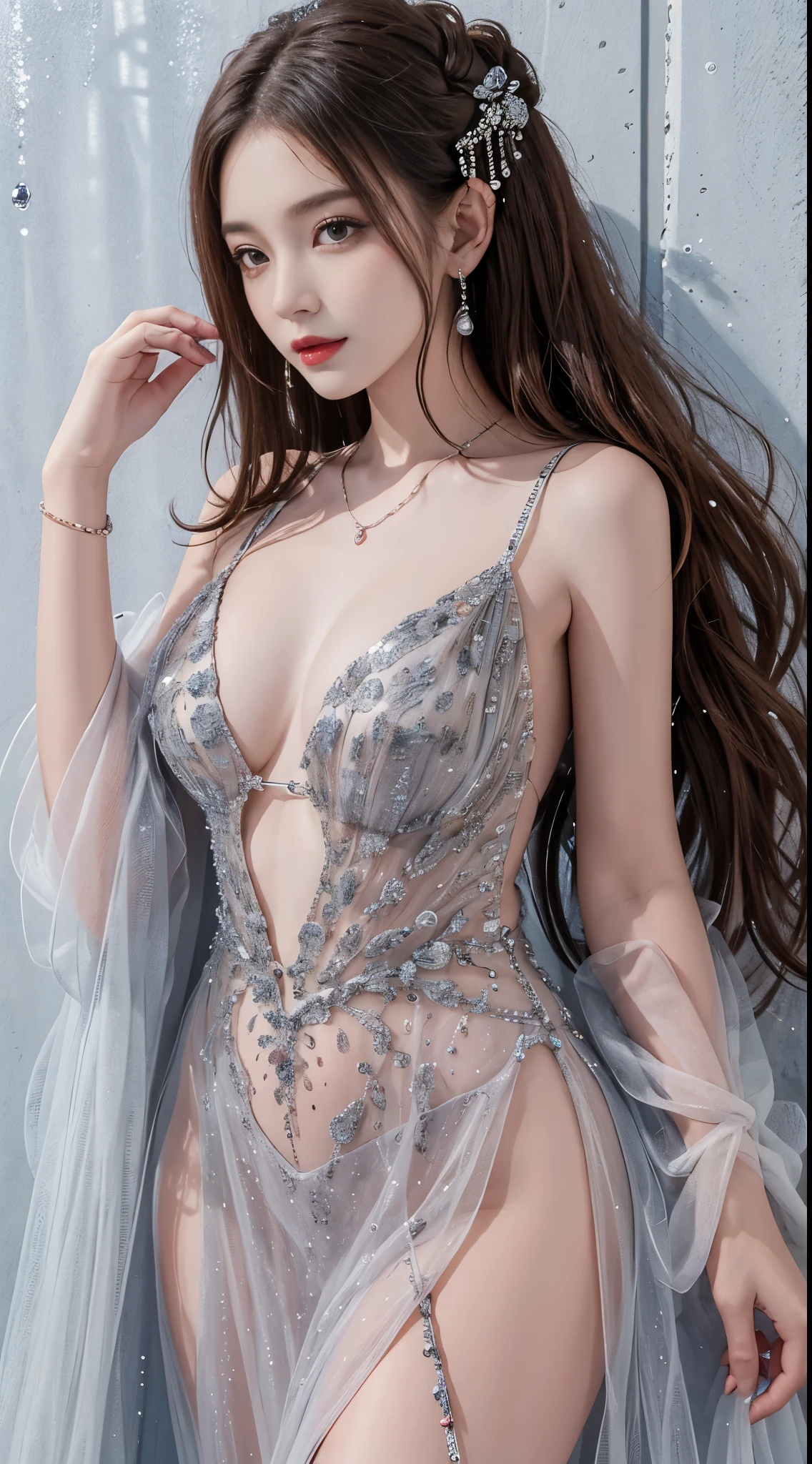 long dress,dress, ((cowboy shot)),red lips, mature female, makeup,（tmasterpiece、best qualtiy、A high resolution），white backgrounid，Acrylic paints，（（splash of color，Splash ink、Color splattering）），Water，water bloom，Sweet Chinese girl，light blues长发，[light blues|Pink big breasts]the hair，curlies，glitters，Pink lips，frontage