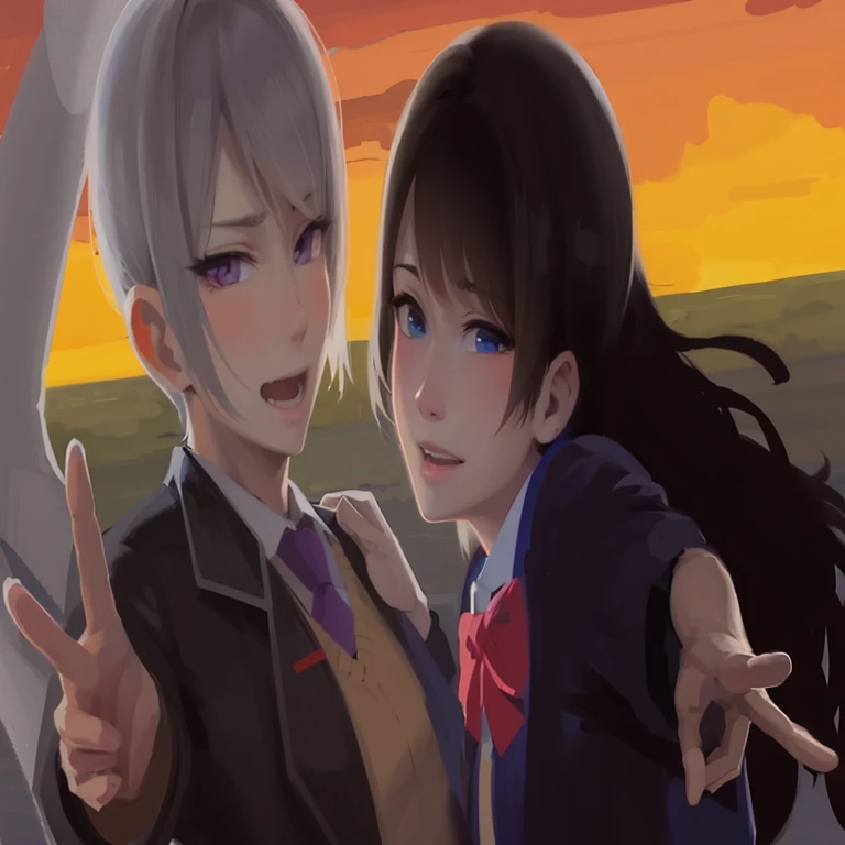 Anime couple holding peace sign in front of sunset sky, made with anime painter studio, nixeu and sakimichan, ペルソナArt styles, by Kamagurka, painted in anime painter studio, anime style portrait, Art styles : Ilya Kuvshinov, zerochan art, by Kamisaka Sekka, Ilya Kuvshinov style