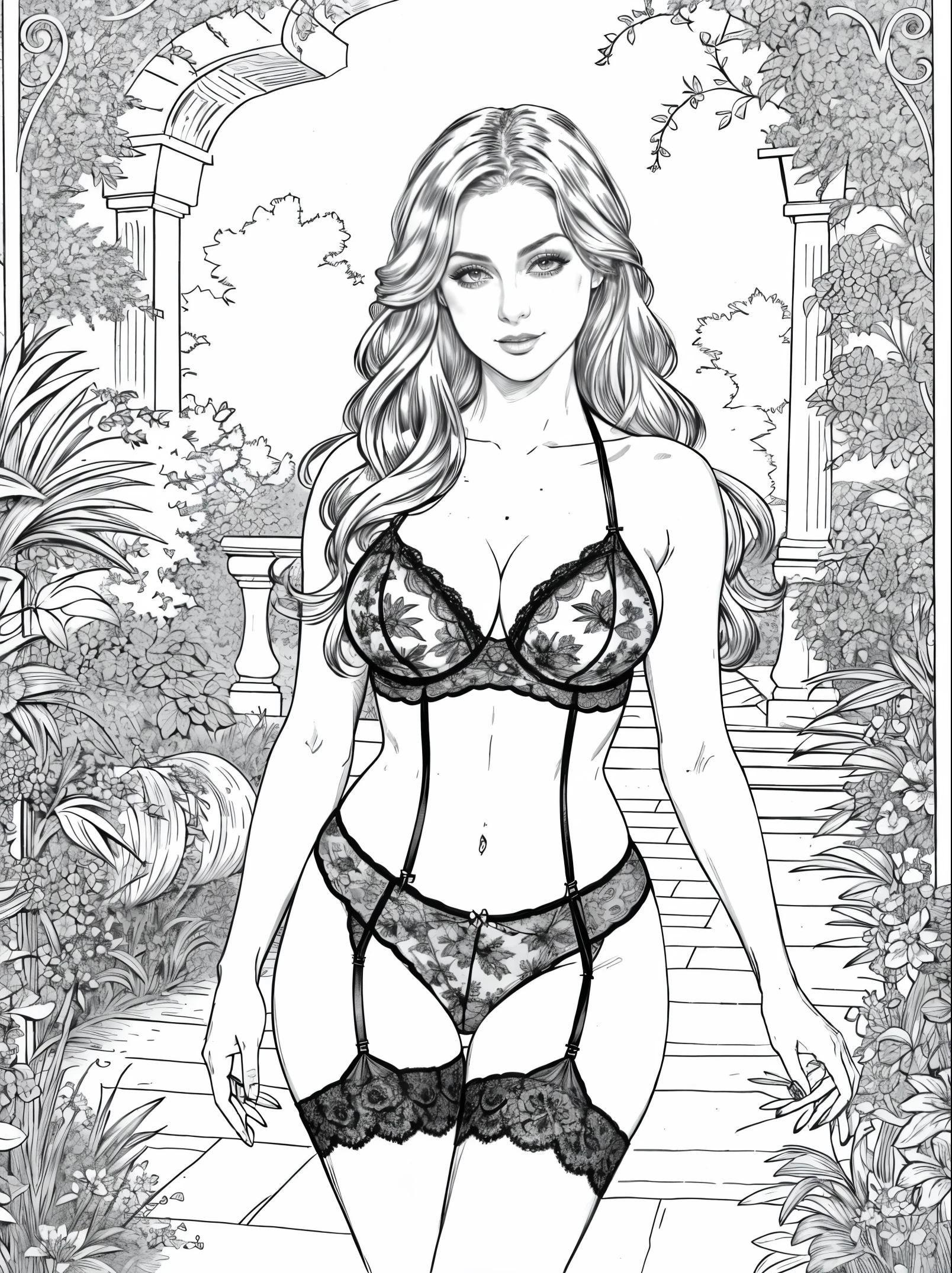 (hight definition, 8k, Highly detailed) Coloring book style, black and white, an ultra hot gorgeous European blonde woman, she’s a playmate, men magazine model, flirts with camera. Wearing sheer micro lingerie in a magnificent garden (monochrome:1.2) (coloring book:1.1)