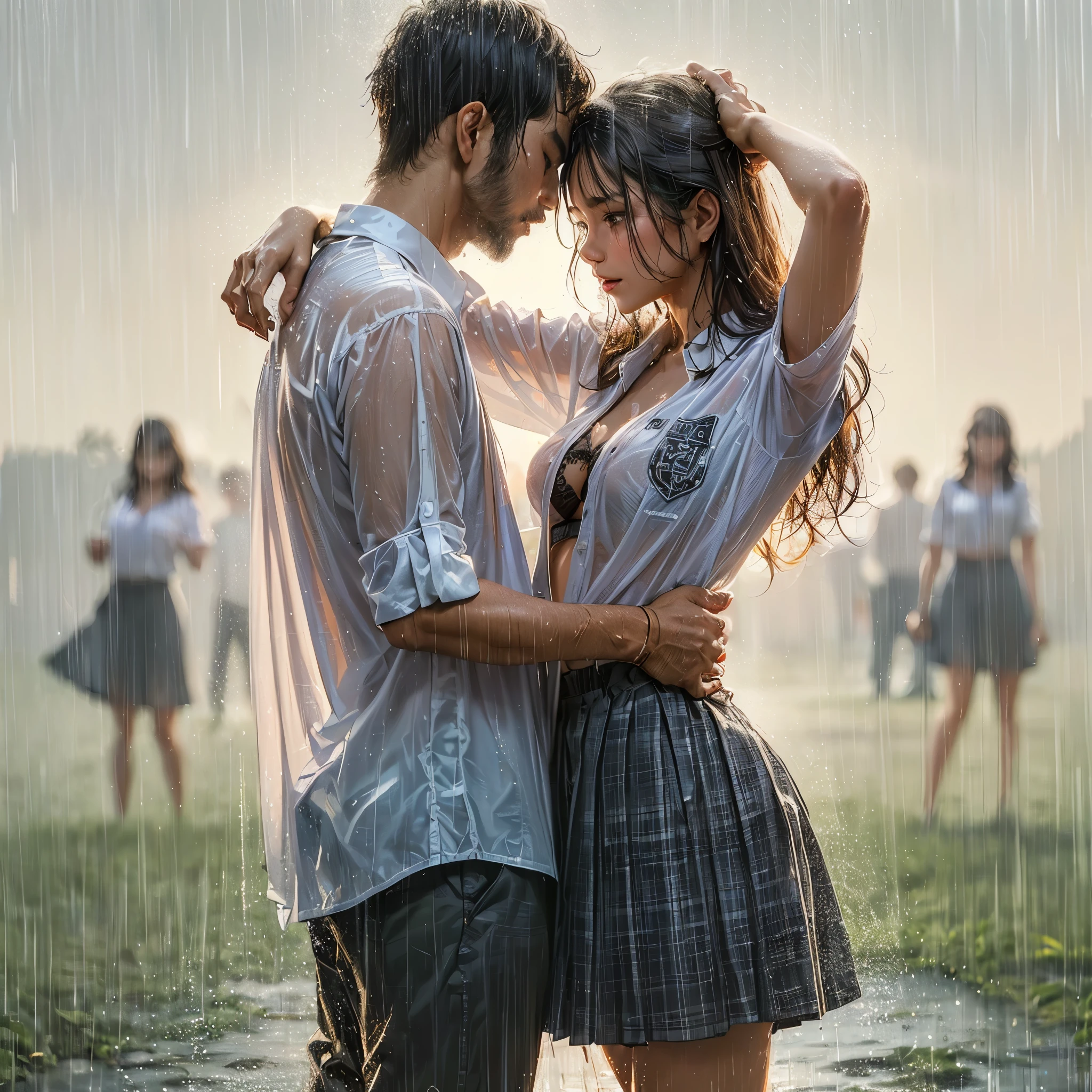 realistic art, there are (woman with large round breast wearing black luxury bra) and her (((handsome muscular short hair masculine alpha male boyfriend))) in a indonesian school uniform hugging in the rain, ((wet messy shirt show black bra under shirt)), wet skirt, pretty girl at school field, raining, thai girl, raining award winning photo, school girl, at evening, wet from rain, rainy wet, beautifull , hand behind head, masterpiece, best quality:1.2),,(8k,highres,RAW photo,realistic,photo-realistic:1.3),(detailed skin texture,detailed cloth texture,beautiful detailed face:1.25),professional lighting,photon mapping,beautiful soft light,radiosity,physically-based rendering,raytracing, model shoot style, model shoot style, (extremely detailed CG unity 8k wallpaper), full shot body photo of the most beautiful artwork in the world, ((nsfw)), (((black bra under wet shirt))), ((cannon camera)), ((professional photoshoot))