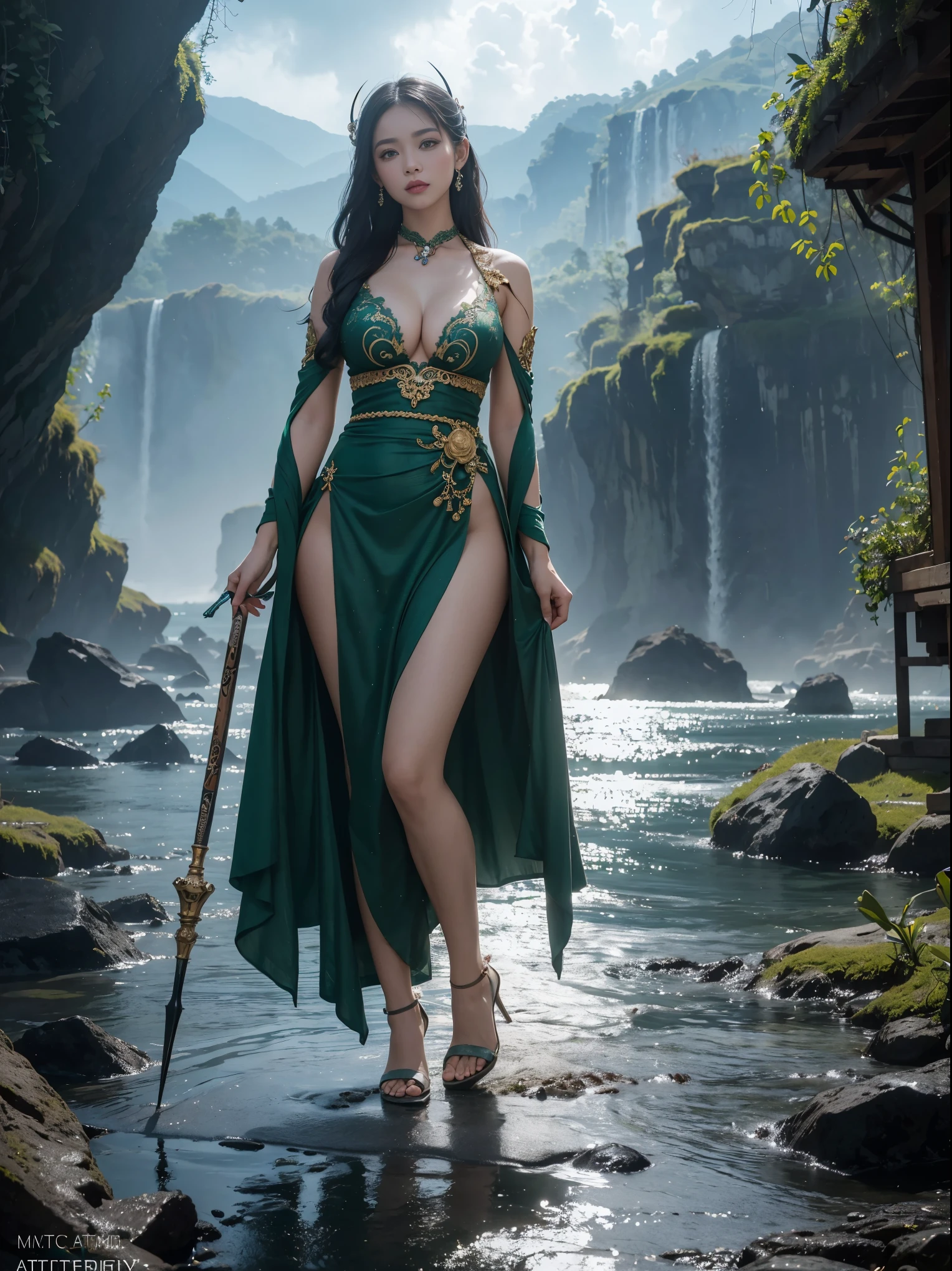 ((Perfectly insane textured)), ((Perfect proportional object arcithecture)), ((Perfect photo)), ((Super ekstremely detiled)), ((best quality)), ((masterpiece)), (bright face), (big boobs), (detailed), (full body), (anti aliasing), (standing tightly), (wearing high heels), (perfect proportion face), full body of southeast asian woman, beautiful face, Baroque masterpiece, nyi roro kidul, wear green kebaya, traditional javanese dress, casting an enchanting huge dragon spell on the waters, summoning her supernatural powers., Mysterious, green eyes, long black hair, realistic, 4K resolution, masterpiece, best quality, detailed, 8k, ultra detailed, flying in the ocean, thunder, dark cloud, looking straight, ultra hd, realistic, vivid colors, highly detailed, UHD drawing, pen and ink, perfect composition, beautiful detailed intricate insanely detailed octane render trending on artstation, 8k artistic photography, photorealistic concept art, soft natural volumetric cinematic perfect light