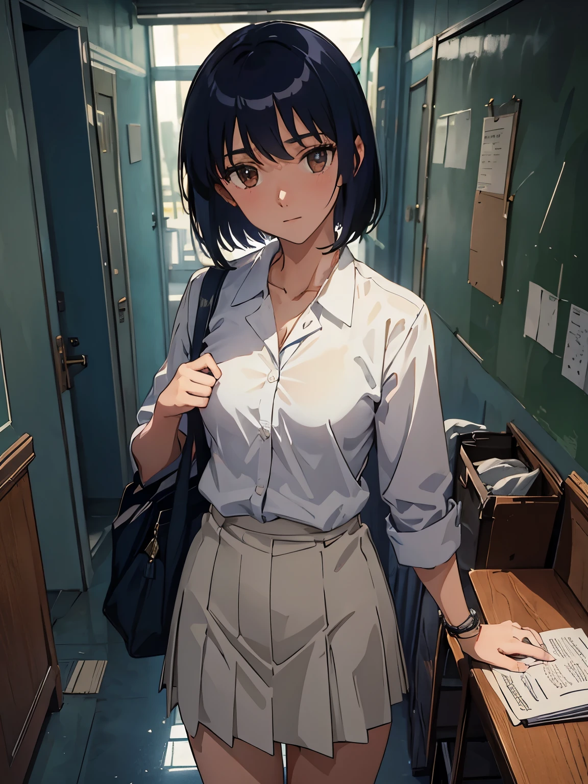 (( masterpiece ))) Background : ( school theme, hallway, best quality, highly detailed ). Character ; ( 1girl, Suou Mikoto, wearing school uniform, innocent, dark blue short hair)