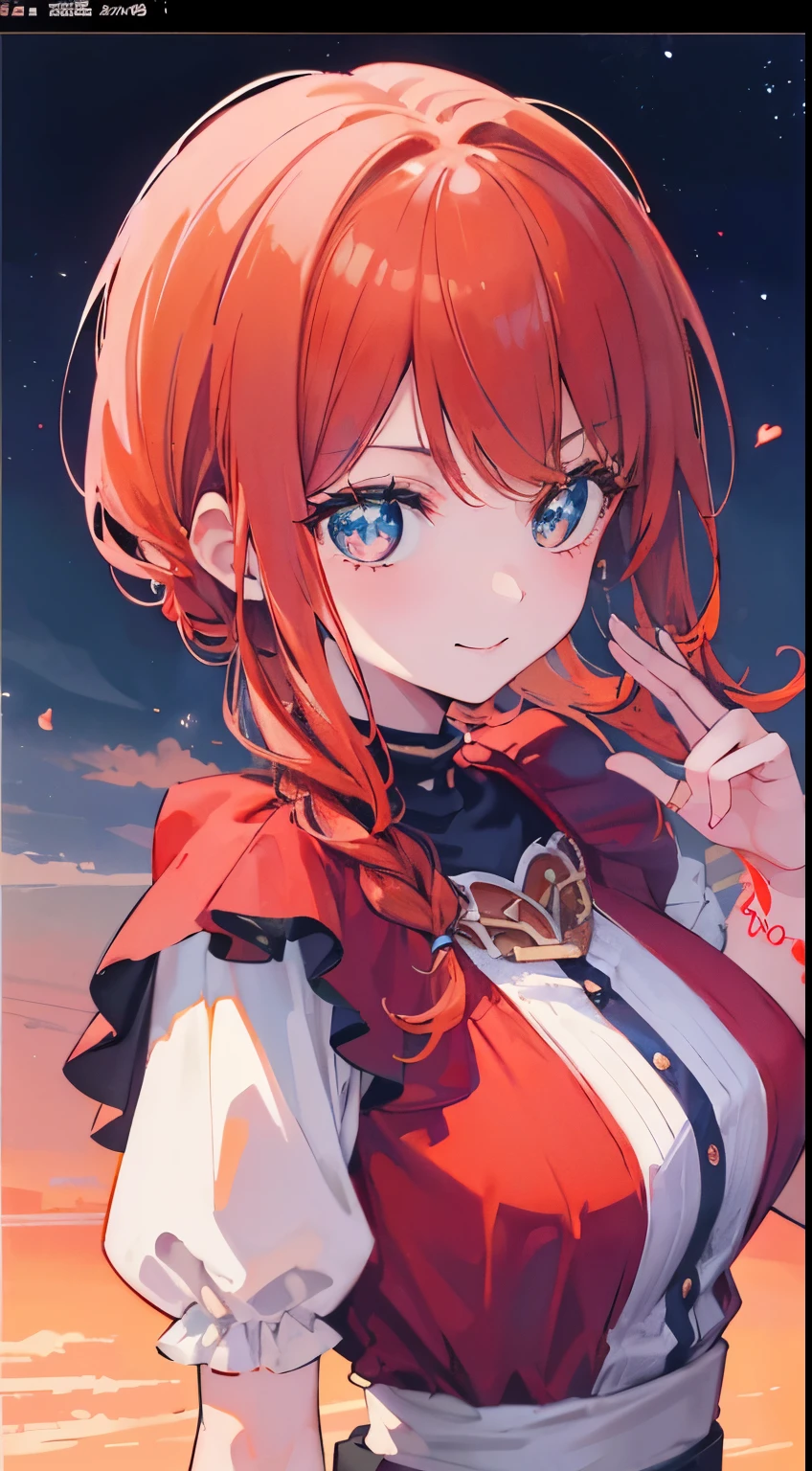 18 year old beautiful girl, blue big eyes, Petite and slender、slightly large breast, ((scarlet orange hair,)),(Loose fluffy short braided hair), in 8K, of the highest quality, (Highly detailed head: 1.0), (Very detailed face: 1.0), (very detail hair: 1.0),(traveler costume)、sexy tattoo, Detailed official artwork, anime moe art style, clean detailed anime art,cool smile