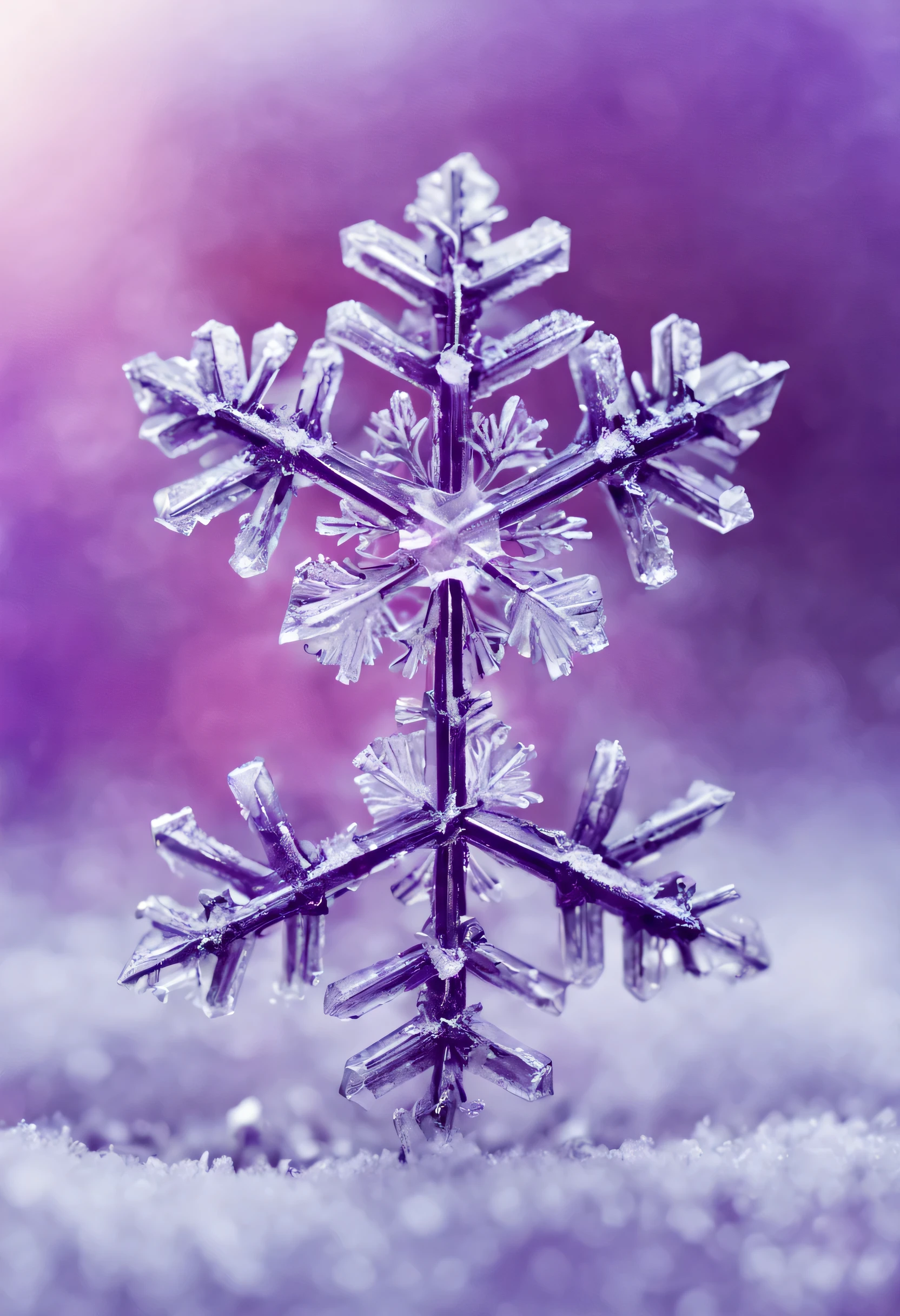 Magical snowflake crystal of vibrant purple colour, Close up, winter, snow, macro photography, soft bokeh