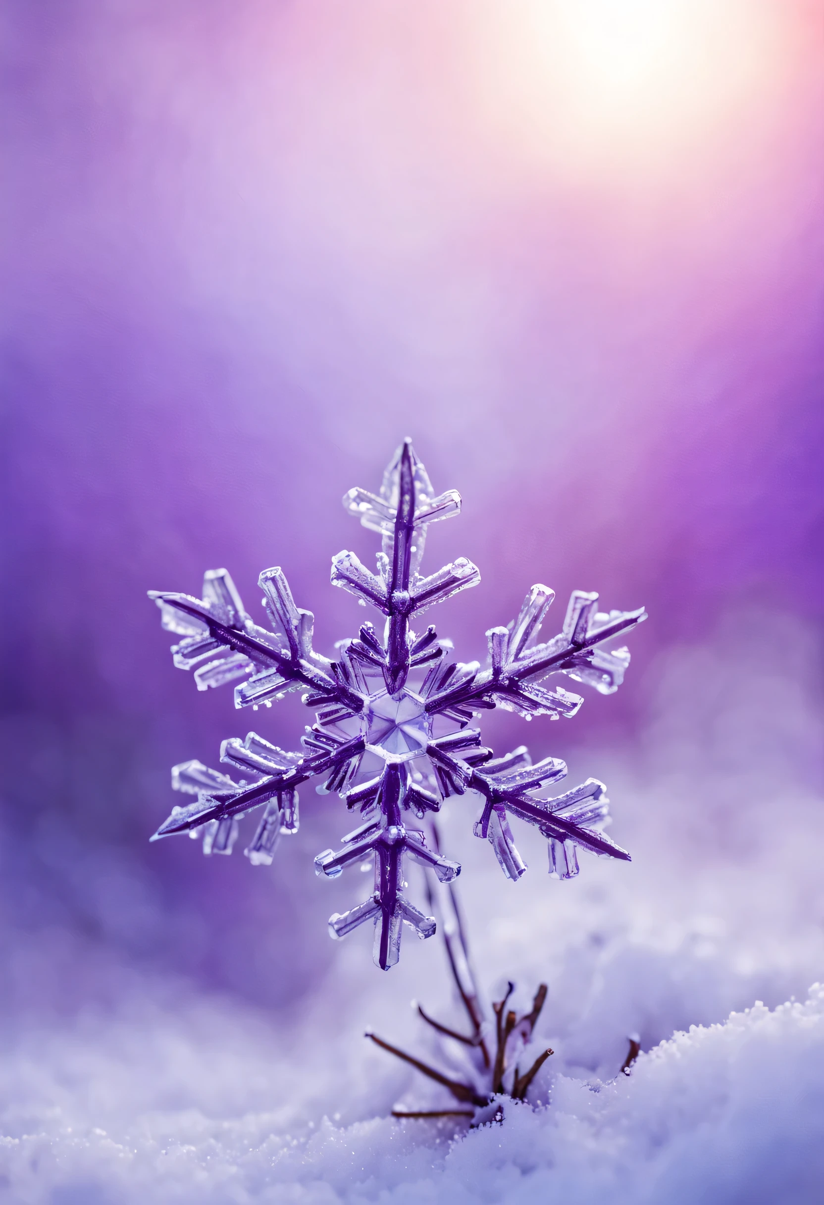 Magical snowflake crystal of vibrant purple colour, Close up, winter, snow, macro photography, soft bokeh