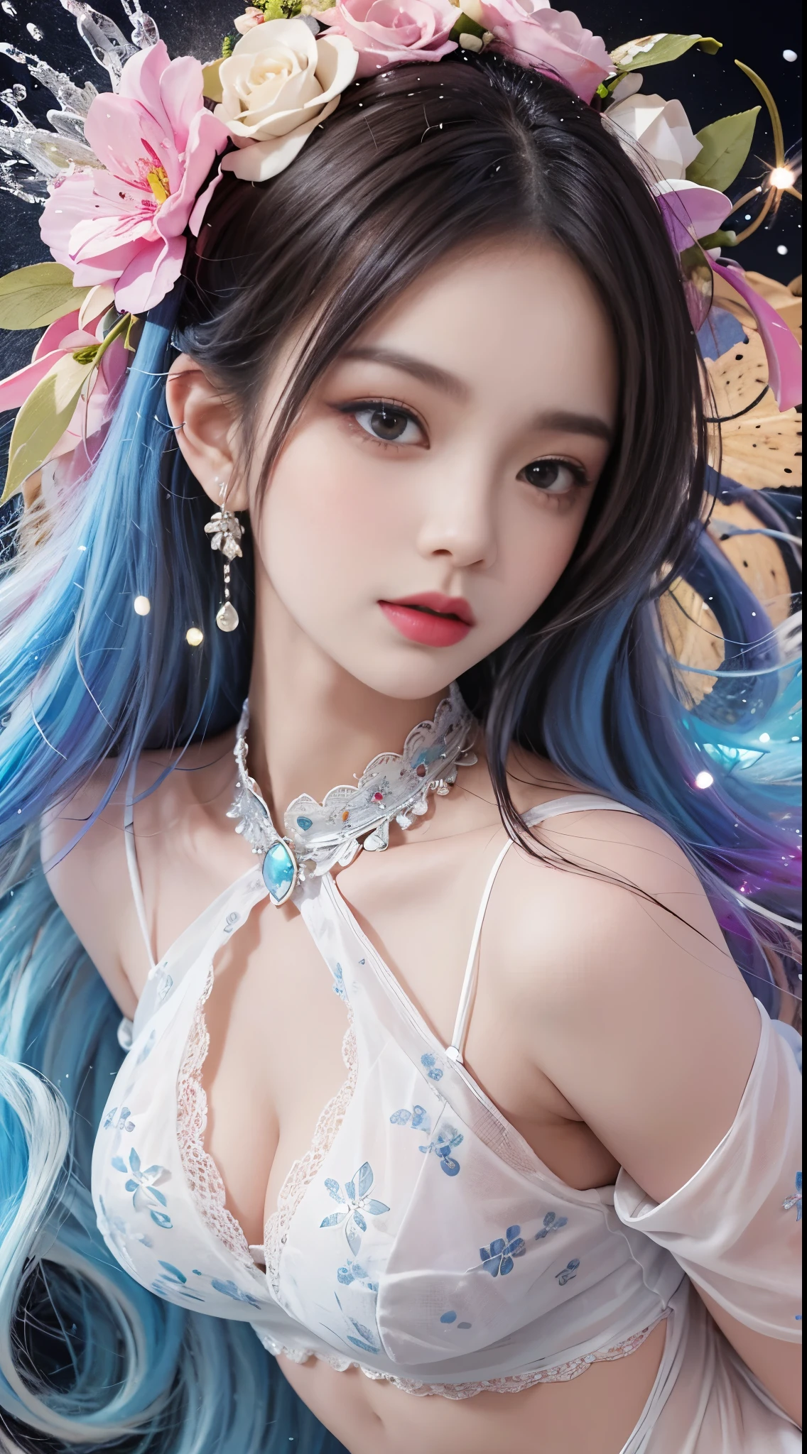 Sweet girl clothes8,(gem:1.3), ((cowboy shot)),red lips, mature female, makeup,（tmasterpiece、best qualtiy、A high resolution），white backgrounid，Acrylic paints，（（splash of color，Splash ink、Color splattering）），Water，water bloom，Sweet Chinese girl，light blues长发，[light blues|Pink big breasts]the hair，curlies，glitters，Pink lips，frontage