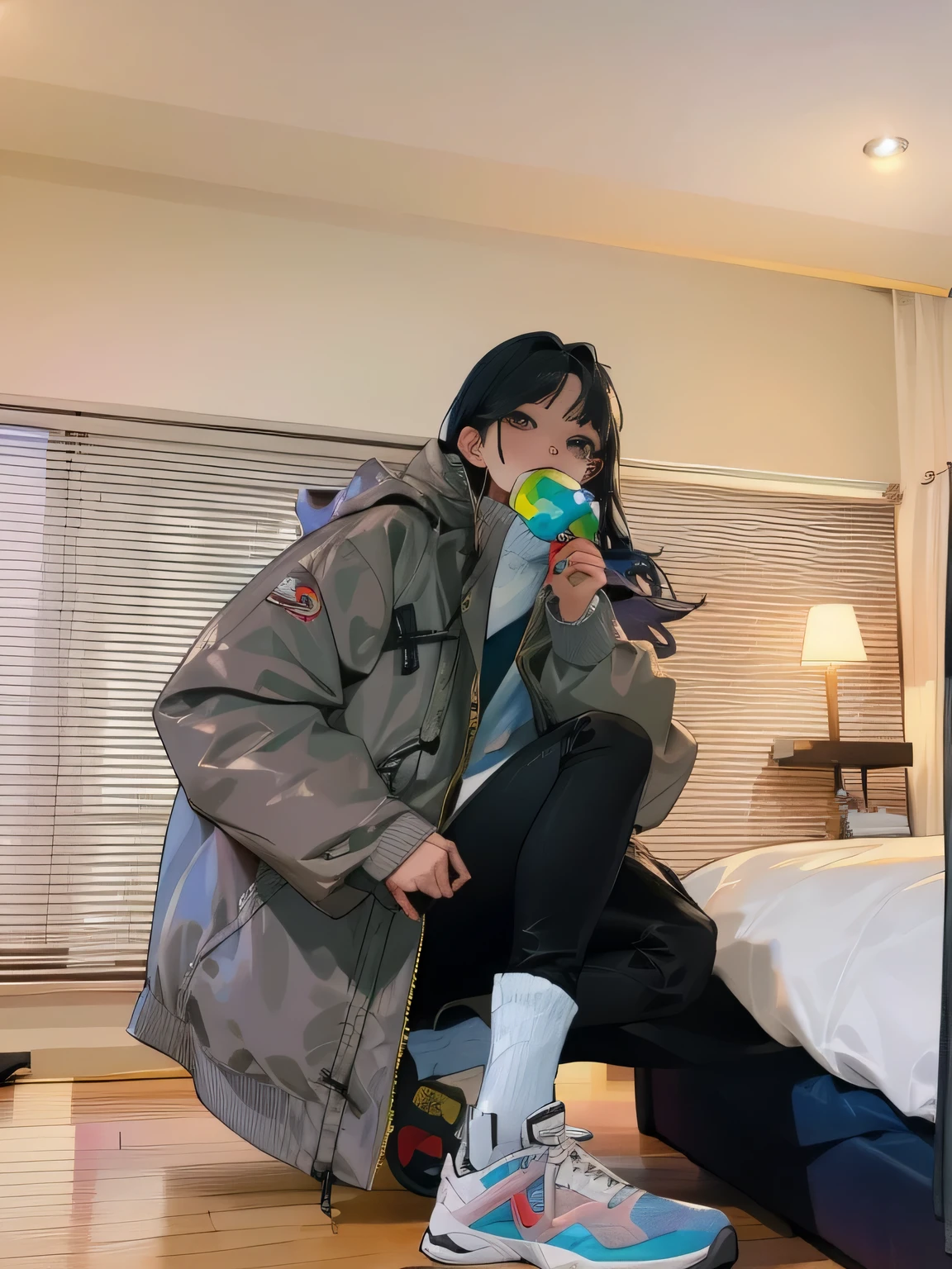 woman sitting on bed with, reflective puffer jaket, Reflective puffy coat, jaket, puffer jaket, dress up as a fisherman 🧥, grey jaket, 8K)), Gray turtleneck coat, cold as ! 🧊, Urzans, Very comfortable], Oversized, wearing jaket, model wears a puffer jaket