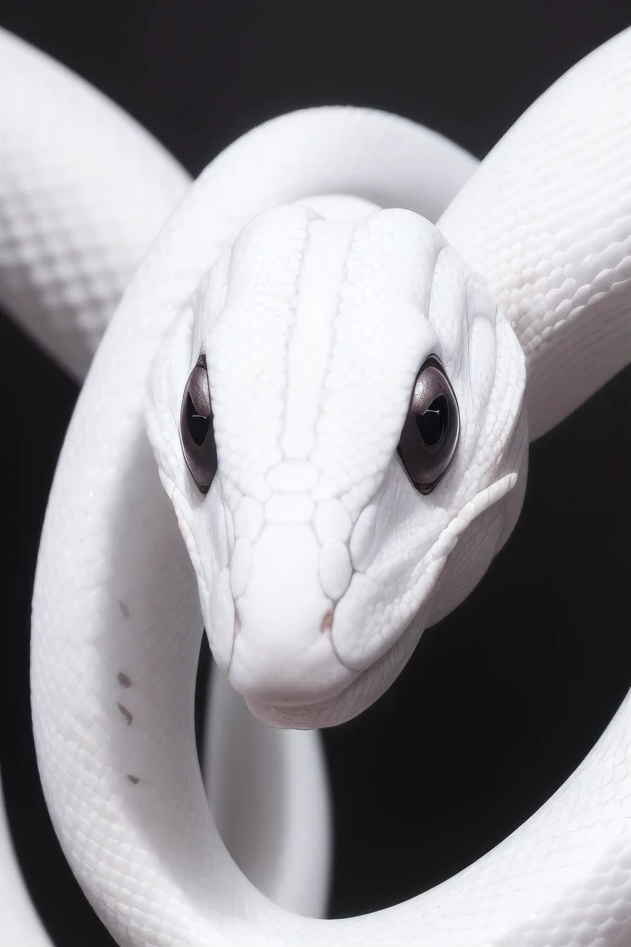 masutepiece, Best Quality, 8K, 4K, A White Snake, Black eyes, temple, Front view, Front face, head shot, One head, pure white snake,