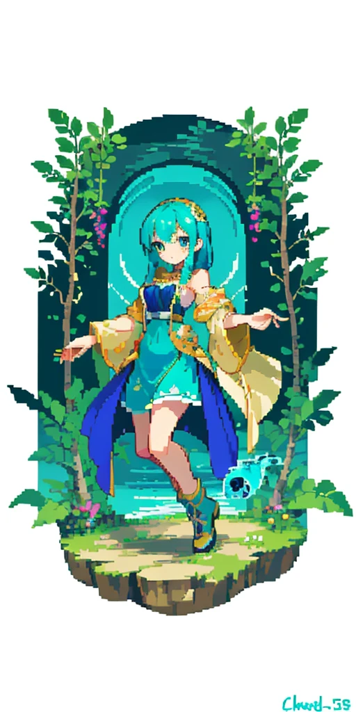 masterpiece, top quality, best quality), pixel,pixel art, 1 girl, aqua, fullbody, Cyprinid