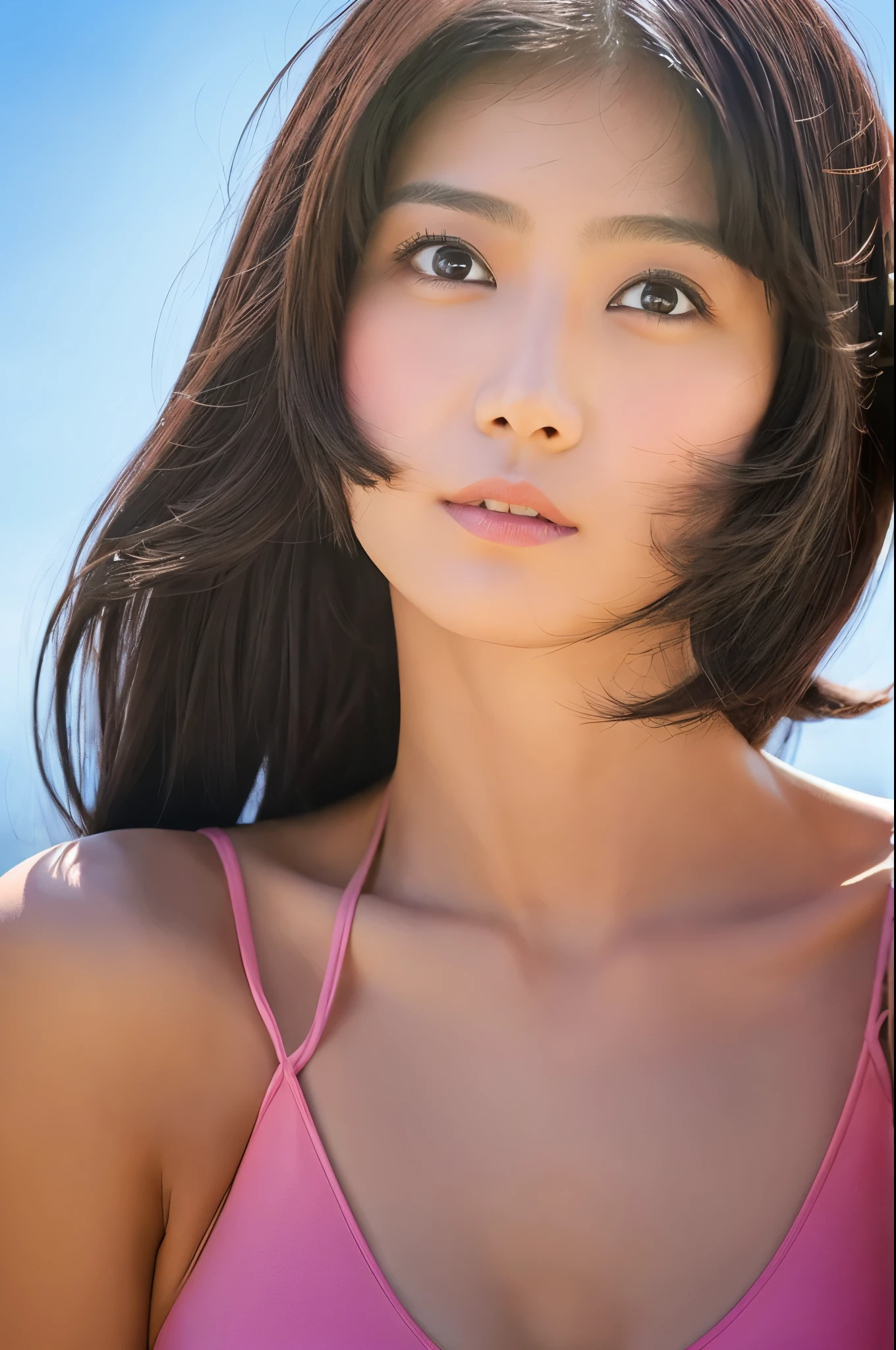 (​masterpiece:1.3), (8K, Photorealsitic, Raw photography, Top image quality: 1.4), japanes, (1girl in), beauitful face, (Lifelike face), (A dark-haired, short-hair:1.3), Beautiful hairstyle, Realistic eyes, Beautiful eyes, (real looking skin), Beautiful skin, enticing, 超A high resolution, A hyper-realistic, high-detail, the golden ratio, Detal Face,see the beholder,middlebreasts,Pink bikini swimsuit、Pink swimsuit、Colorful swimsuit