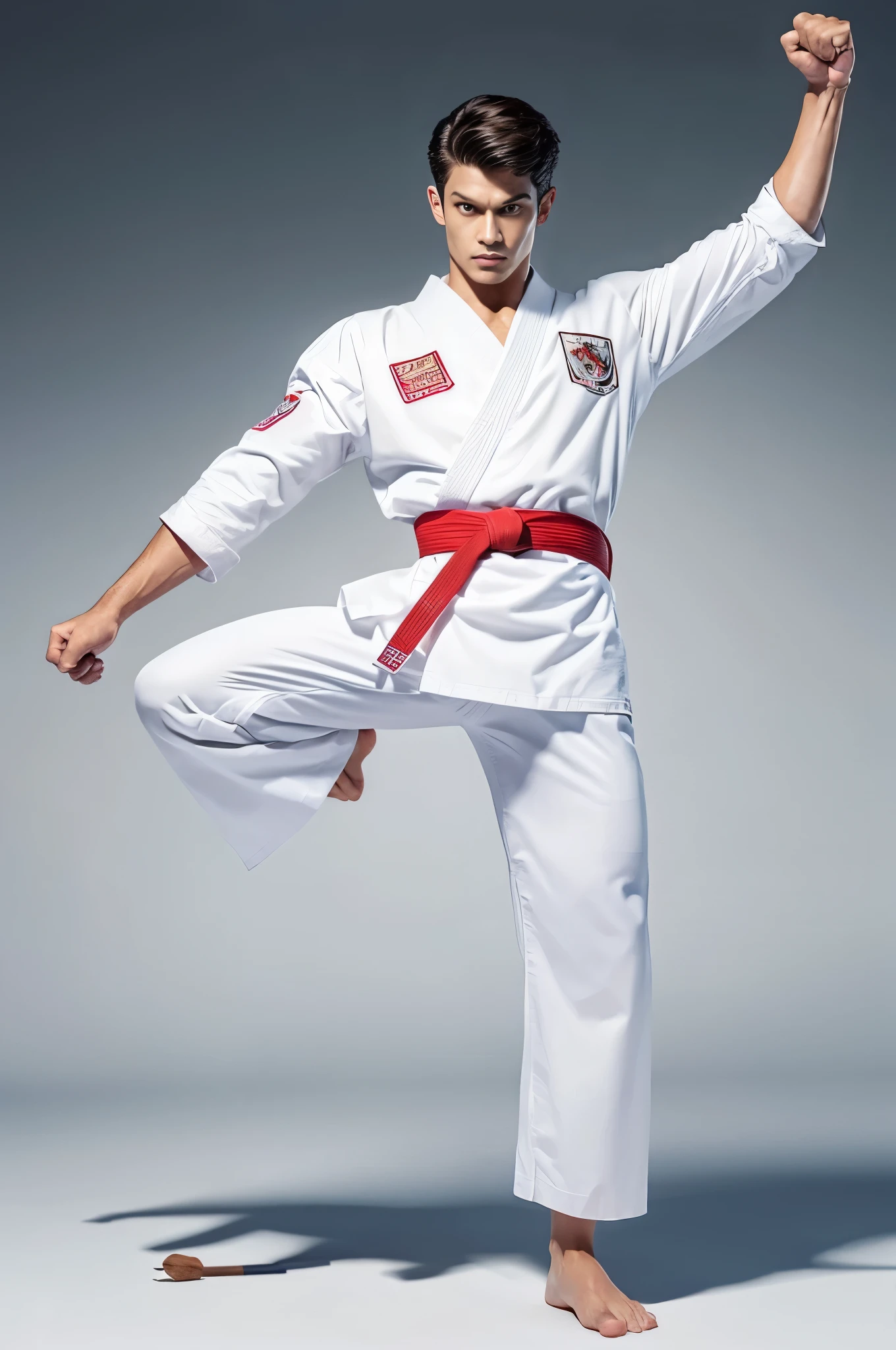 a picture, a handsome, 8k full body poster of a man, Charming sweet look, Move ki, shorth hair, musculature, clong legs, musculatureの足,, bare-legged, 詳細なmusculatureの体格, a picture, (masterpiece, top-quality, top-quality, Official art), side high kick, Stick out your fist, Large and dynamic movements, Photorealistic depiction,20yr old, Toned waist, White Karate Uniform, Karate Belt, White karate pants, Accurate depiction of details, Perfect skeleton, Look straight at your audience, sharp gaze