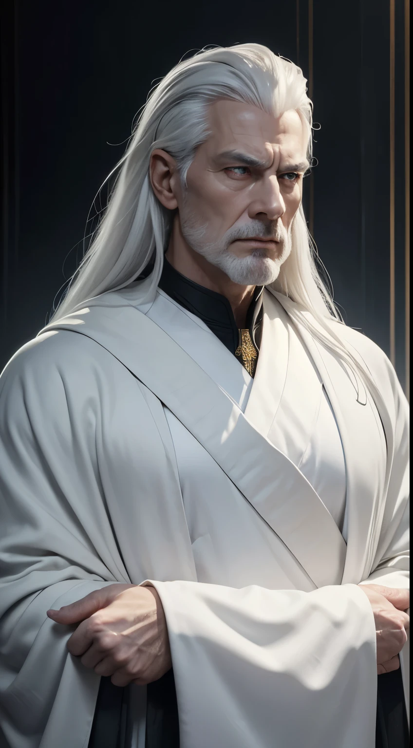 ((photoreal, 4K)), ((Ultradetailed)), Father is an imposing figure, possessing a pale, almost porcelain-like complexion. His appearance exudes an air of elegance and sophistication, with neatly combed long, white hair and piercing golden eyes that hold an otherworldly glint. He typically wears a regal attire, donning a white robe or coat that adds to his enigmatic presence. His face often displays a serene expression, belying the immense power and cunning intelligence that define his character. There's an unsettling aura about him, a sense of calculated control and ambition that makes him a formidable antagonist within the series