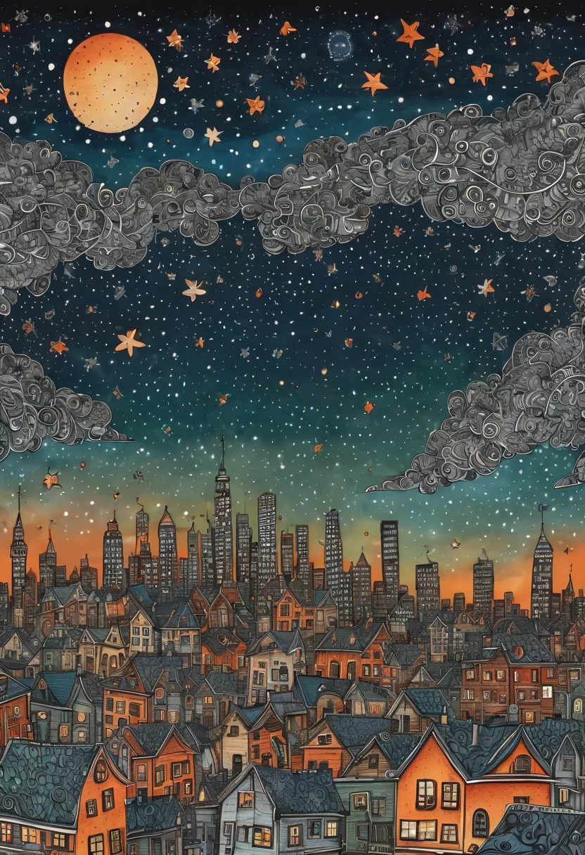 The stars , City Night View in a zentangle style. Star filled sky, detailed big city in background, blue, orange, grey, green, brown skies. by my self, by Tupu, in the style childish moderator, amazing wallpaper, by YFM!!