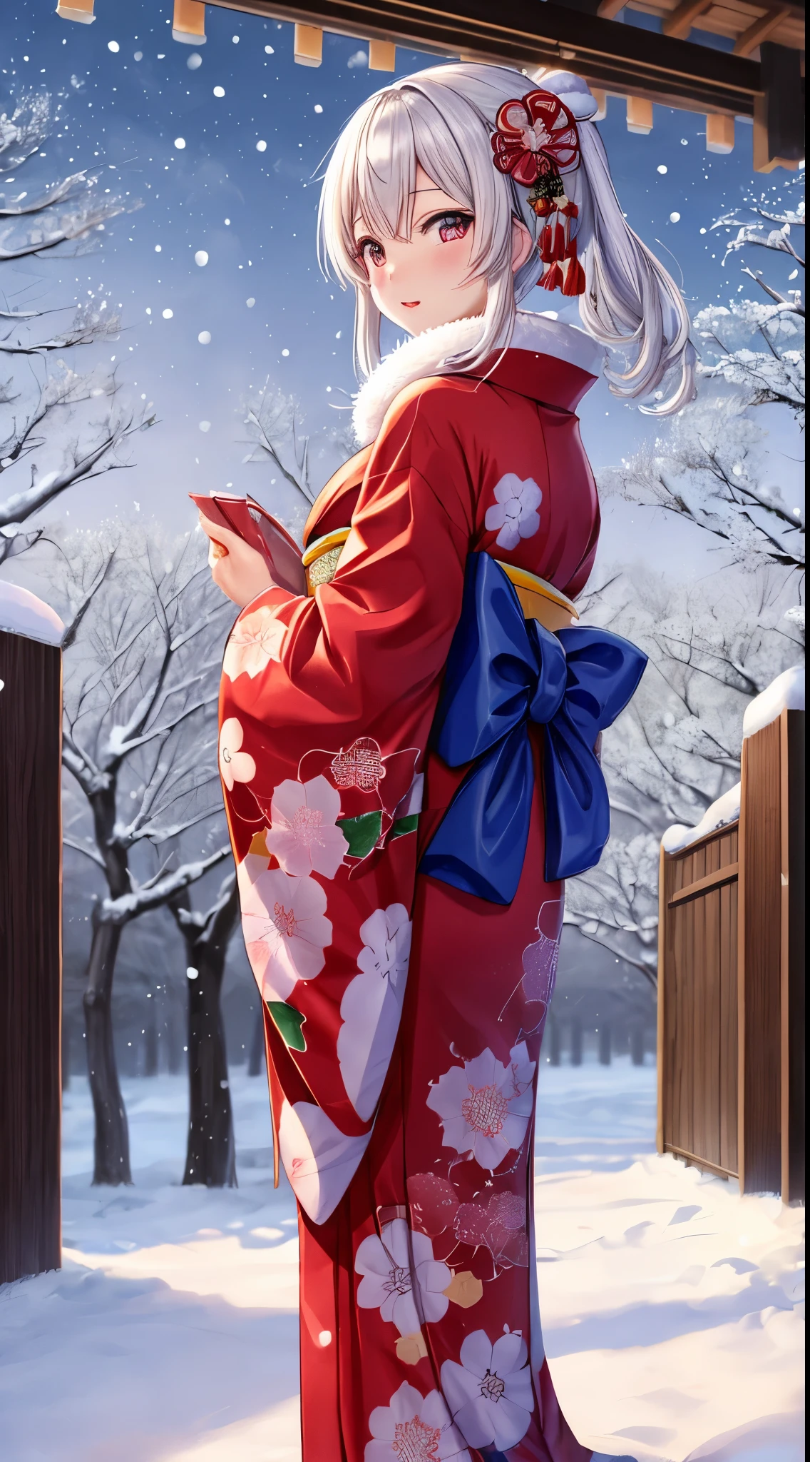 masutepiece, Best Quality, 1girl in, new year kimono, It's snowing、Winters