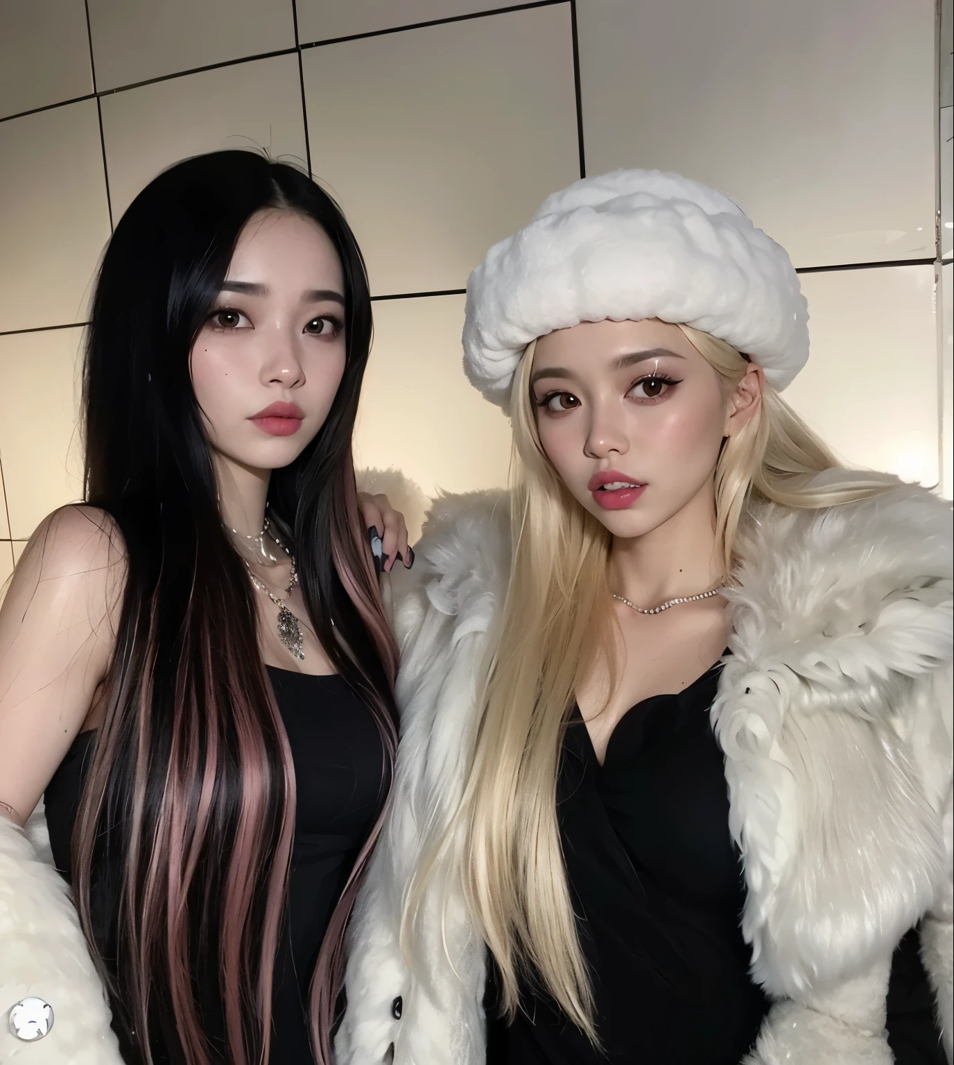 duas mulheres com cabelos longos e casaco de pele posando para uma foto, ava max, Nixeu e Sakimichan, com longos cabelos brancos, com cabelos longos brancos, cruel korean goth girl, com preto, pixivs e junji ito, Ulzzang, Retrato de Jossi de Blackpink, inspirado em Wang Duo, cabelos muito longos cor de neve, foto de perfil
