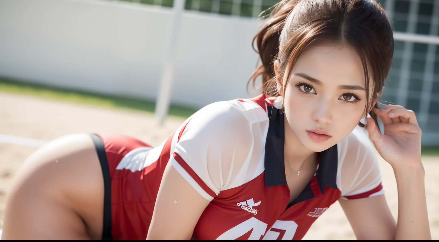 Masterpieces: 1.2, highest quality), lifelike (real images, intricate details, depth of field), (one girl, solo), makeup, split lips, elaborate face, perfect face (breast augmentation: 1.4), (skin hollows) thighs, thighs, wide hips, small, tall, shiny coral lips, red hair, red eyes, ponytail, (girl playing volleyball, white volleyball uniform), (sweating: 1.2), (wet), sexy, blush,