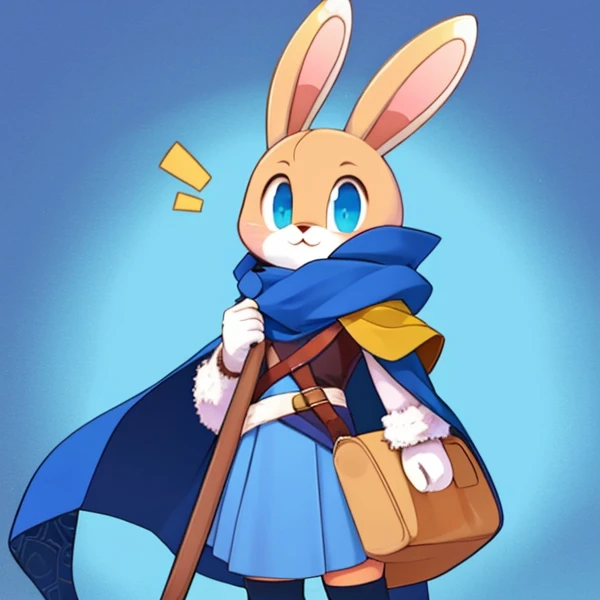 There is a rabbit wearing a cloak and scarf, Anthropomorphic bunny, rabbit wizard,Big cane,white rabbit girl,nobles,body short,hightquality,Doya face,(blue clothing)