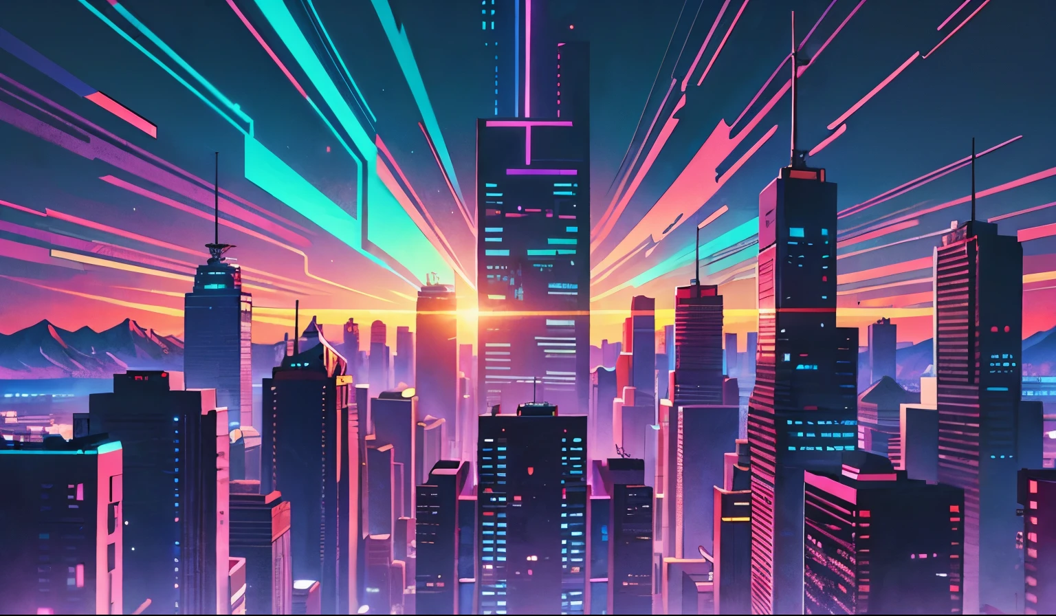 retrowave. synthwave, cyberpunk city, purple neon lights, blue neon lights, sun, mountain, palm trees,
(masterpiece,detailed,highres),